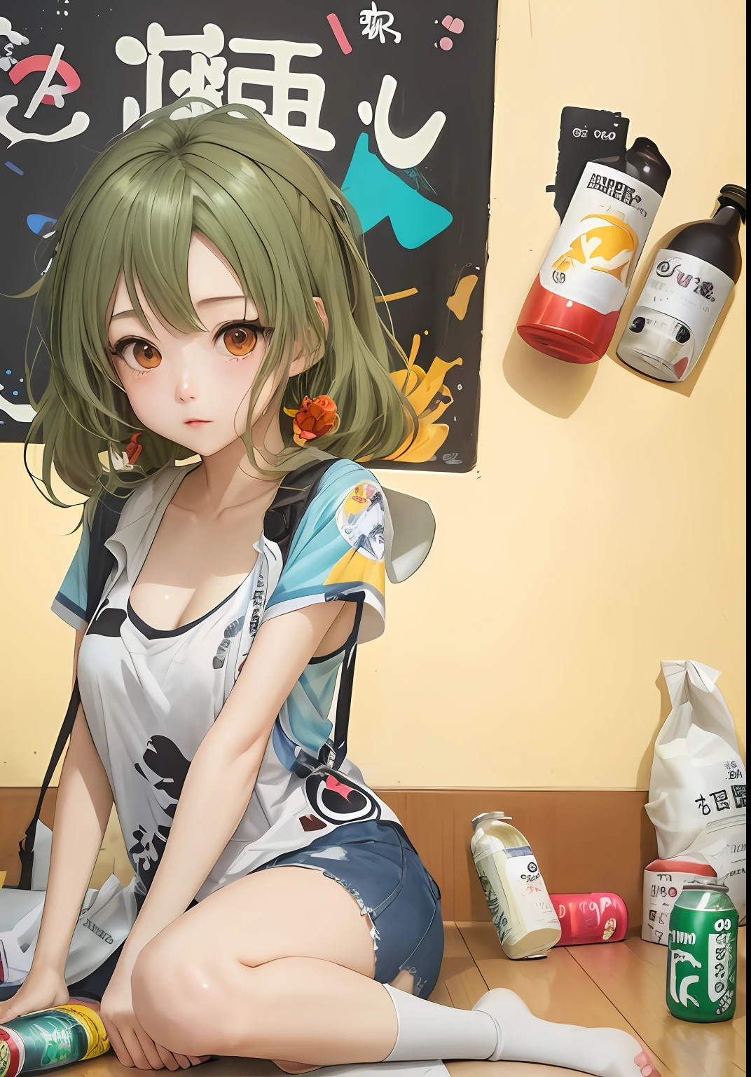 anime girl sitting on the floor with a bottle of soda in her hand, anime girl drinks energy drink, soda themed girl, In pixiv, in anime style, in anime style, by Ei-Q, in japanese anime style, pixiv style, in manga style, aya takano color style, pixiv, Lori, [ Digital Art ]!!