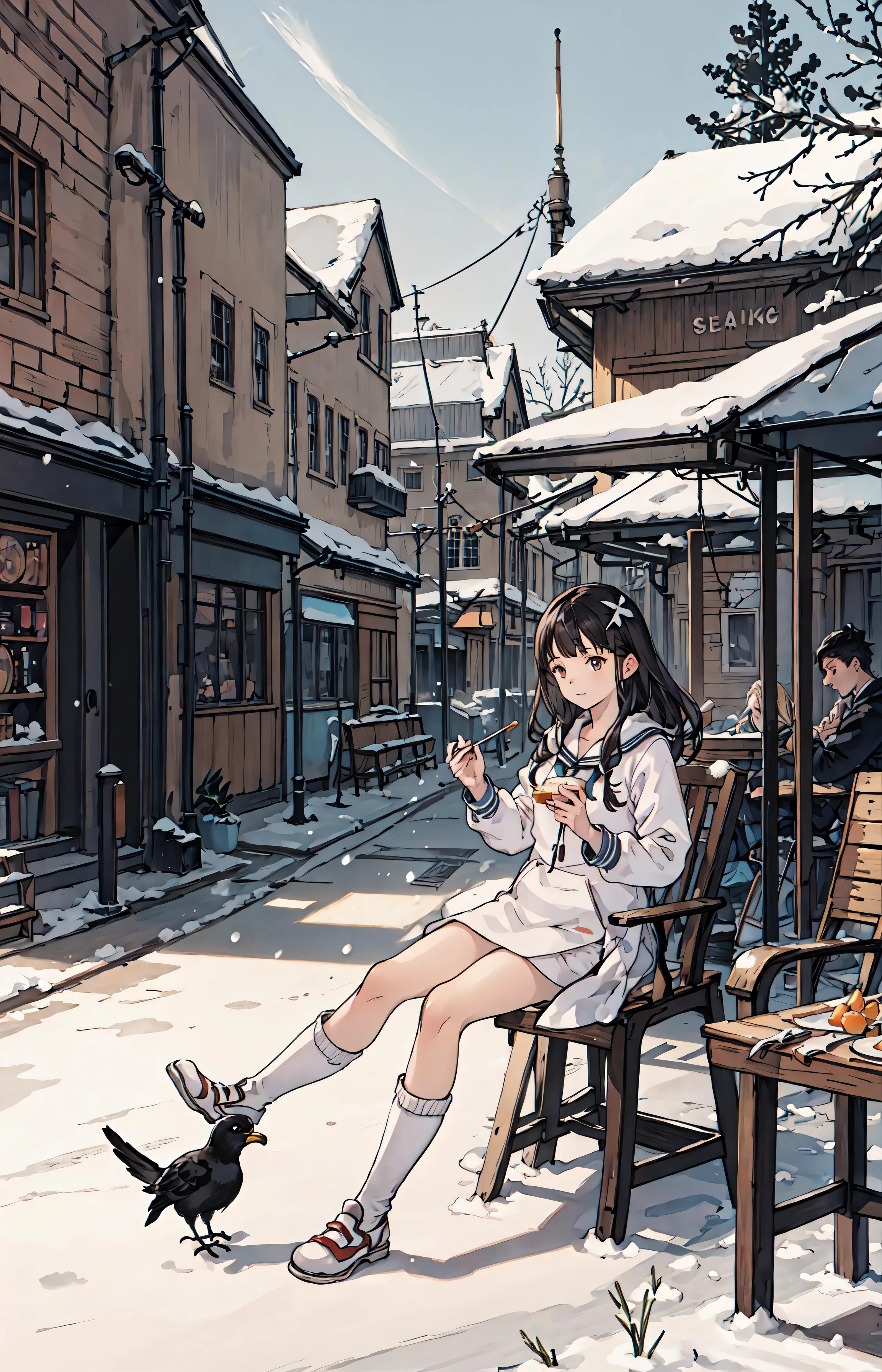 best quality, detailed background, girl,sea, cafeteria, bird, snow, winter,