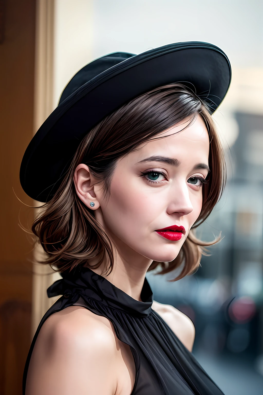Fashion portrait, white woman with tanned skin with confident and seductive look, carmen san diego style, female hat, gala costume, red lipstick and green eyes, noircom style 80s aesthetics, intense metropolises, ultra realistic, cinema experience, 4k, canon sl03 in 35mm lens, ultra sharpness, totally black costumes, black hair, Eva green, Aesthetics of the 80s