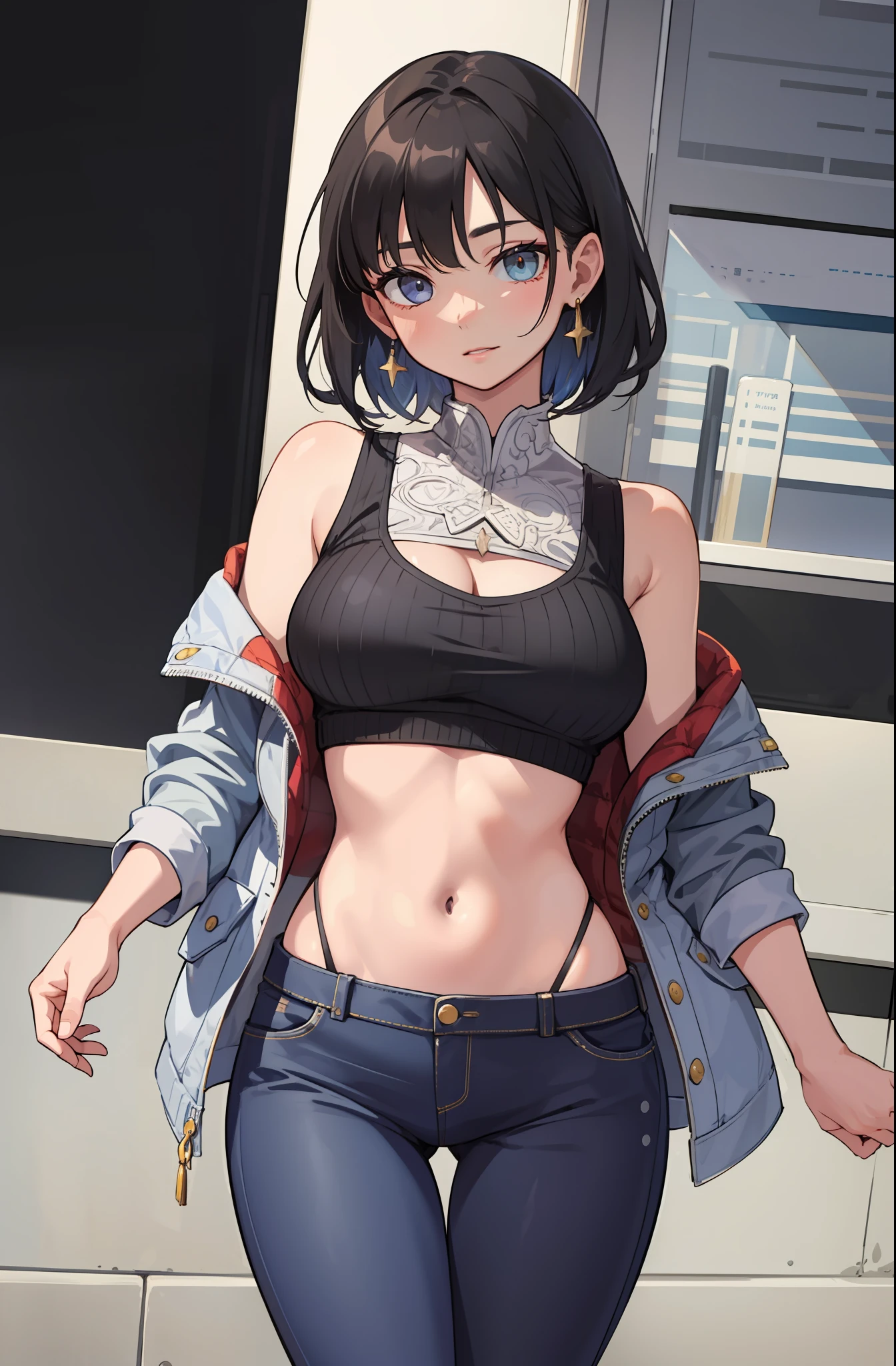 Super sexy Maria dressed （Low-cut and tight （Flared jeans））， （（White crop top top：1.5） Vest with exposed neckline）， Short hair and black hair， photorealestic， （high resolucion）， （make realistic：1.4）， （very intricate）， （ExquisiteDetail）， highly detaild， high resolucion， Original， Extremely detailed 8K wallpaper， 最佳质量， Detailed face， ultra -detailed， OriginalPhoto， make realistic， （thigh gap：1.5），Naked ，Large breasts，Expose