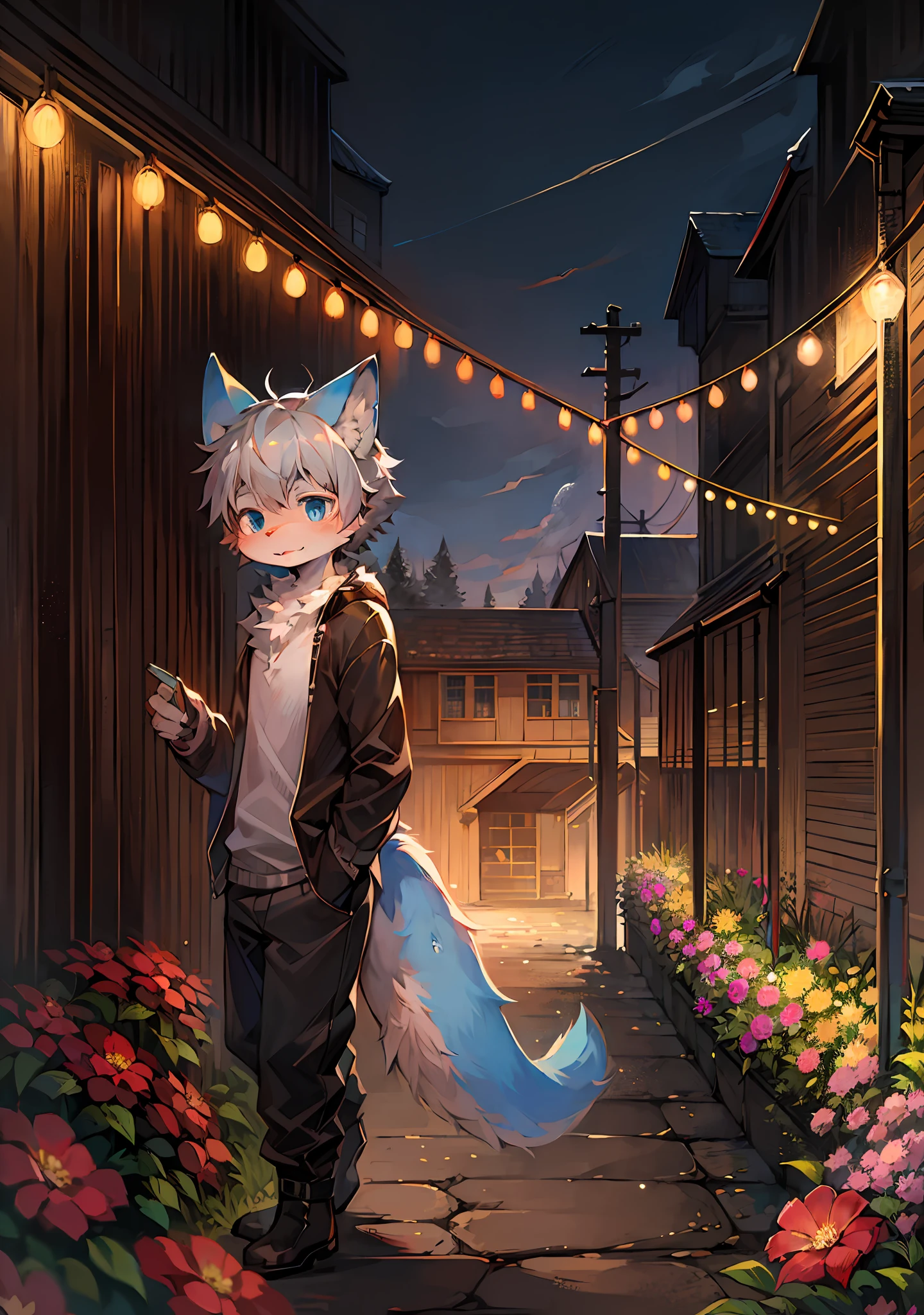 (Bright environment:0.8),masterpiece,high quality,abstract res,digital painting\(artwork\), by dagasi, yupa,kiyosan,(anthro,fluffy fur,character focus:1.1),anthro male cat,short hair,portrait , Bright eye, the panorama, Character focus.(detailedbackground:0.7), 独奏, shaggy, Hairy male, Male focus, anthr,(Full Body Furry, Fluffy tail, Blue fur, Blue eyes, Gray hair:1.2), (long canines、Manteau:1.2),(Externally、During the Day、Flower Garden、skies:1.1)Character side face,Gaze into the distance