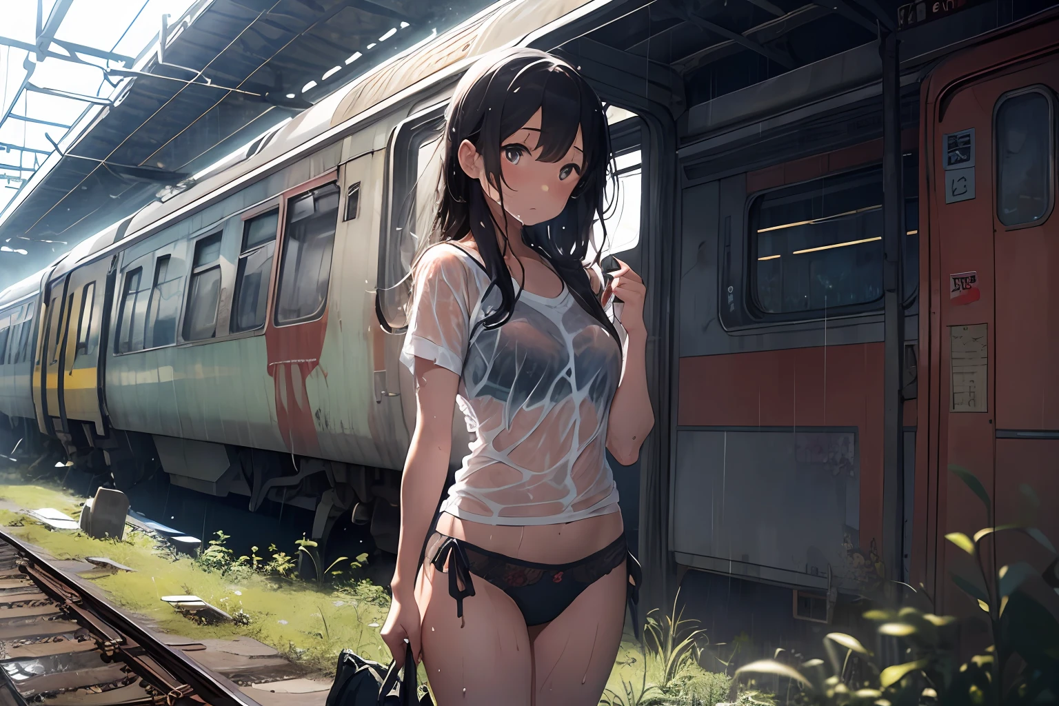 (masterpiece, best quality:1.2), abandoned train, field, 1girl, floral panties, (wet shirt), wet hair, cold, standing inside a train, rain, dark, rusty, best lighting, best shadows