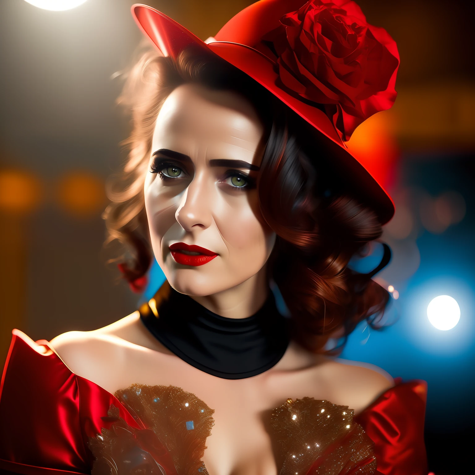 (comic book style), A mature and brave woman ((wearing a gala outfit)), (seductive), 1girl, solo, black and curly and messy hair, very detailed face, beautiful eyes, [thin], adorable, with bright rosy cheeks, brave eyes, gorgeous, striking red lipstick (noir style), zeiss lens female hat, ultra realistic, (highly detailed skin: 1.2), 8k uhd, dslr, Dramatic Kidney light,  high quality, Fujifilm XT3, 80's, open portrait, 35mm lens, front portrait, Eva Green trend