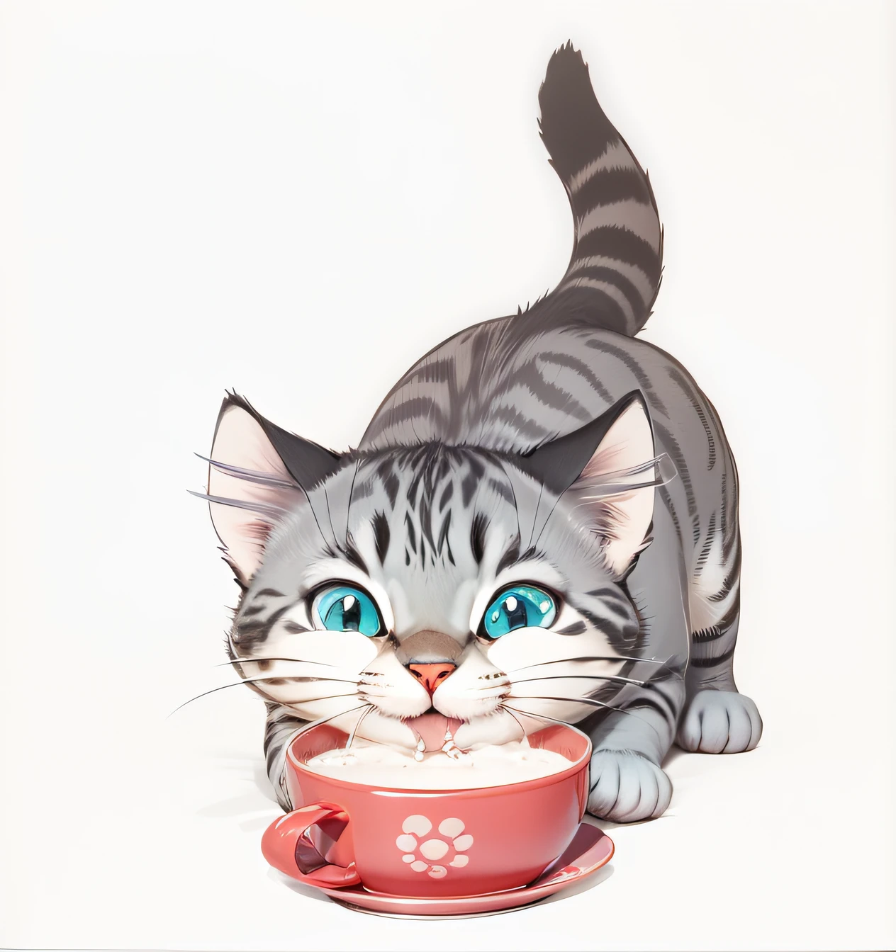 gatinho fofinho, is cheerful drinking milk on a saucer, desenho animado cartoon, olhos e boca bem definidos --auto