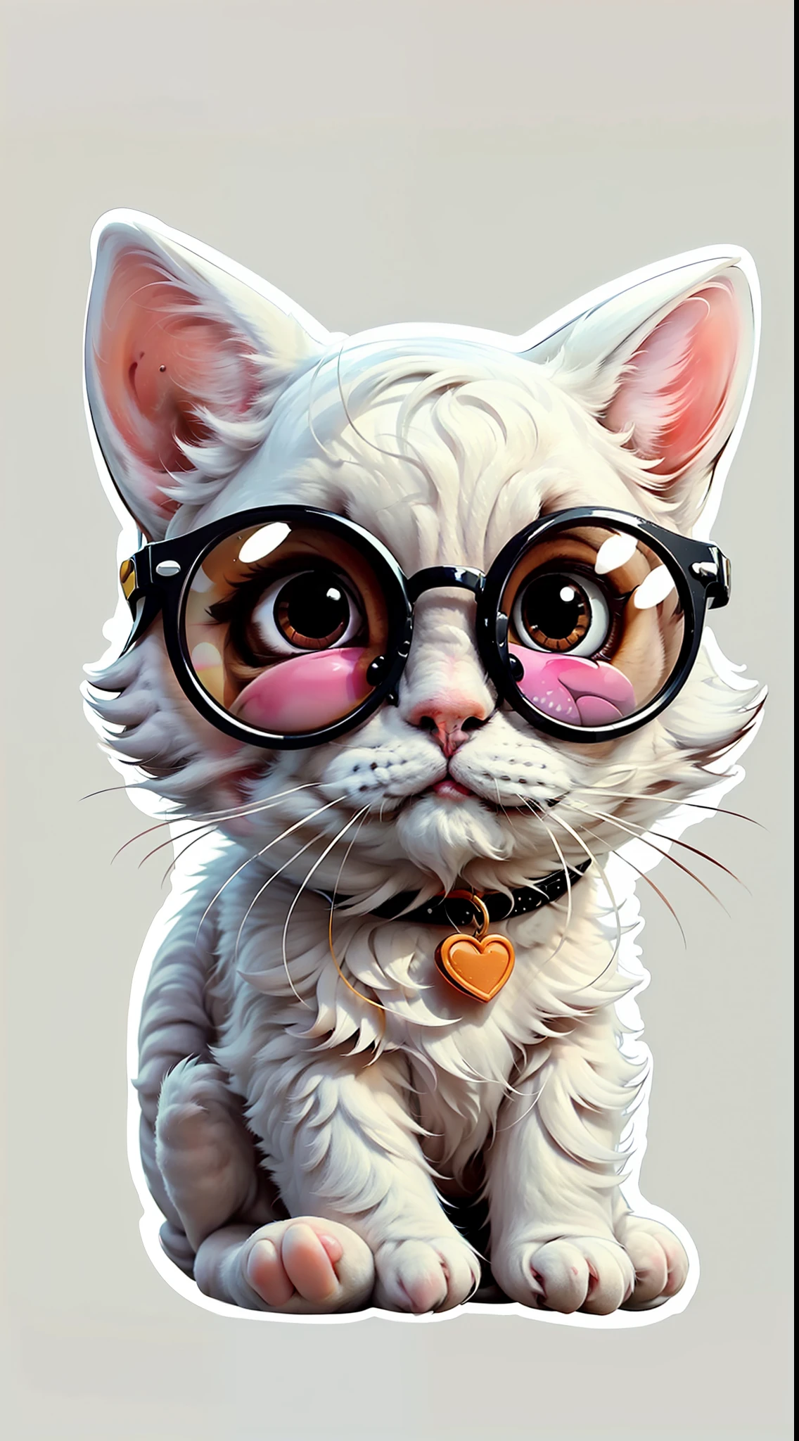 a cute white cat wearing trendy pink sunglasses, white background, white borders, sticker