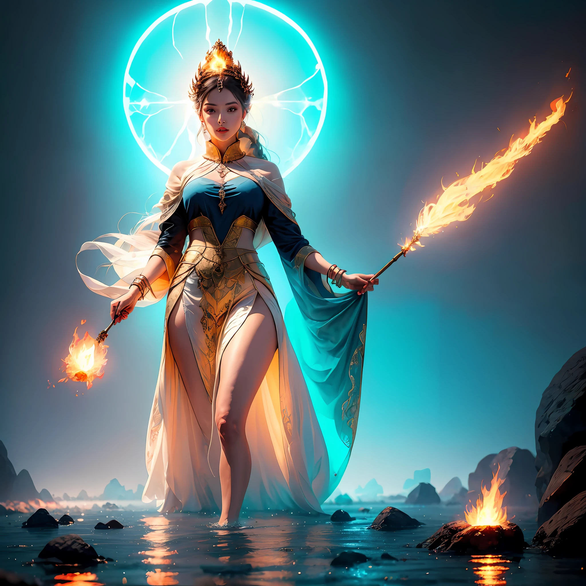 A woman in bizarre costume holding a fiery wand,Full close-up, Standing barefoot in a disc on the water,Fire in the hands,A circle of fire is raging around the body,Mysterious red flame,The background is the world of ice and snow,High icebergs,All Ice World,Endless icebergs,Dark blue light,Spooky atmosphere,Towering spires,Mysterious atmosphere,Art germ on ArtStation Pixiv, Goddess of Light, IG model | Art germ,