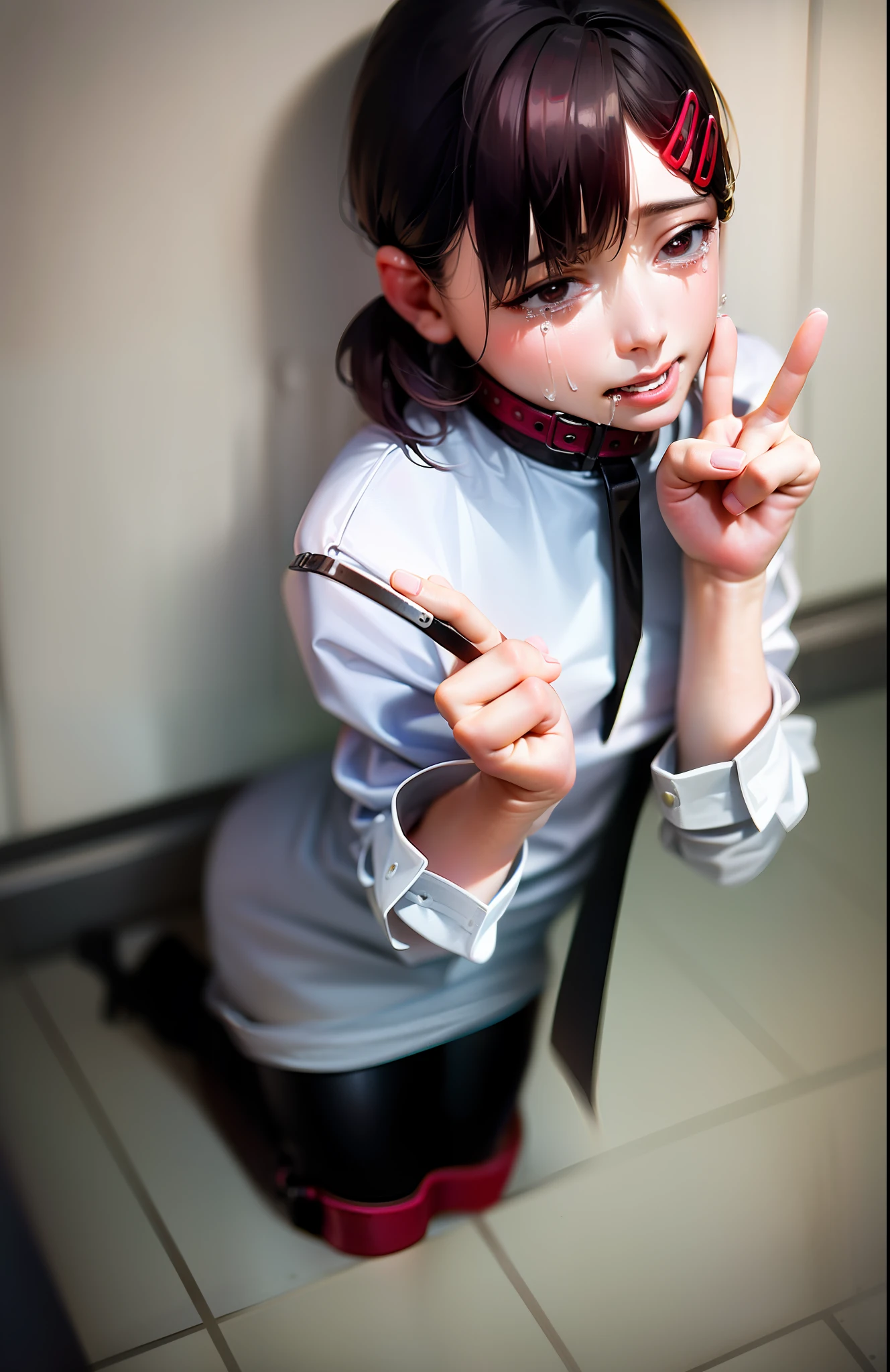 1girl, Kobeni, white shirt, black necktie, (realistic:1.3), crying, tears, sad, ((peace sign, holding two fingers up)), peace, from above, hallway, gag, bdsm , bound, damage clothes, leash, collared,