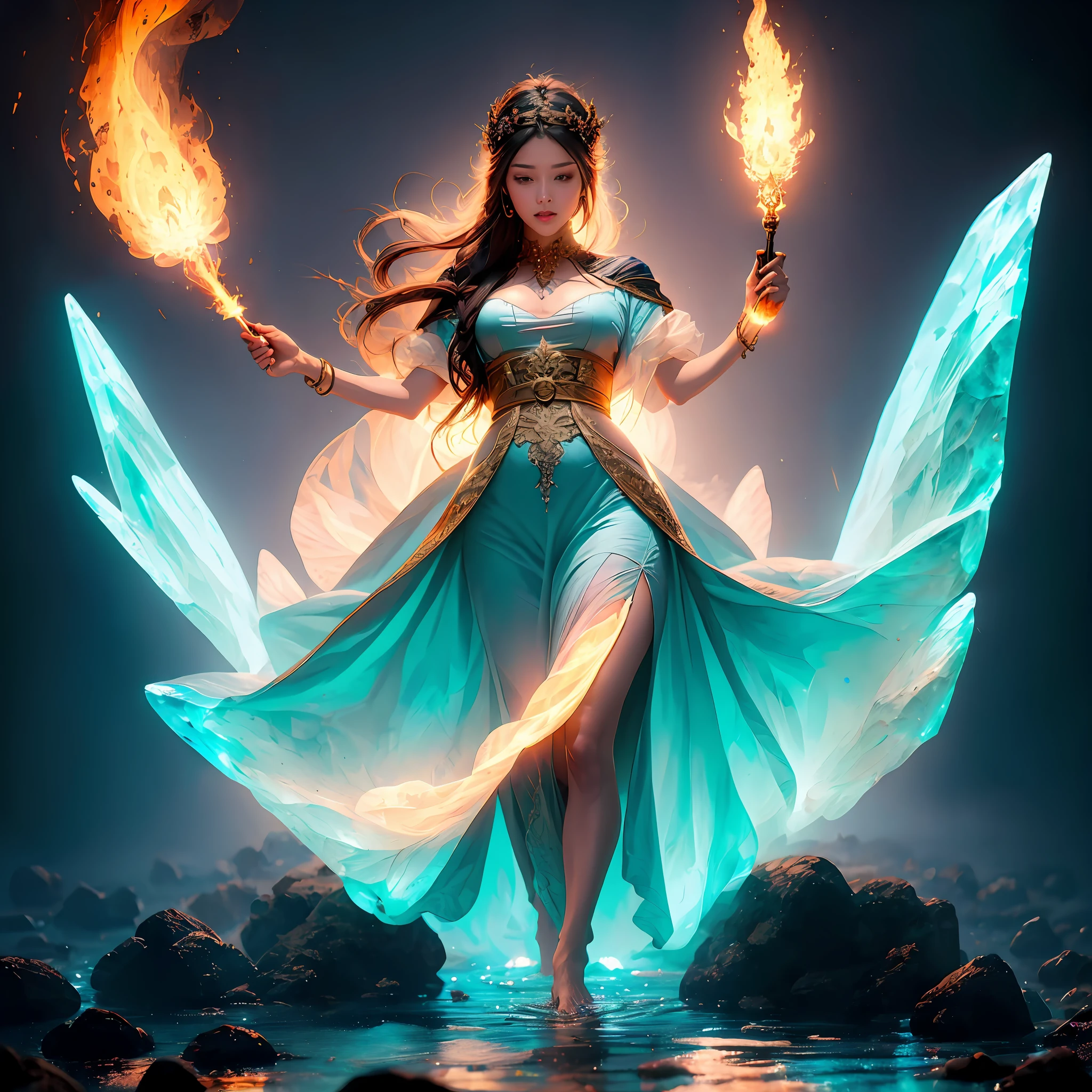 A woman in bizarre costume holding a fiery wand，Full close-up, Standing barefoot in a disc on the water，Fire in the hands，A circle of fire is raging around the body，Mysterious red flame，The background is the world of ice and snow，High icebergs，All Ice World，Endless icebergs，Dark blue light，Spooky atmosphere，Towering spires，Mysterious atmosphere，Art germ on ArtStation Pixiv, Goddess of Light, IG model | Art germ，