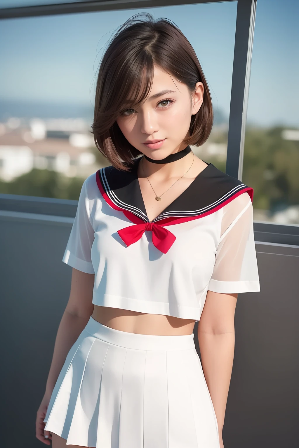 (RAW photo:1.2), (photorealistic:1.4),(masterpiece:1.3),(best quality:1.4),ultra high res,(detailed eyes),(detailed facial features),(detailed clothes features),HDR,8k resolution, solo focus, bangs, skin tight, (shiny skin),(slender girl),dreamlike,
(extreme detailed illustration),check commentary,commentary request,scenery,no text,
VirtualGirl-Rin, small breasts, bob hair, short hair, brown hair, brown eyes,
student,JK, schoolgirl,
1girl, upper body,
black choker,
white japanese school uniform,
sailor suit,
dark red pleated skirt, stockings,
sneakers,
happy,smile,