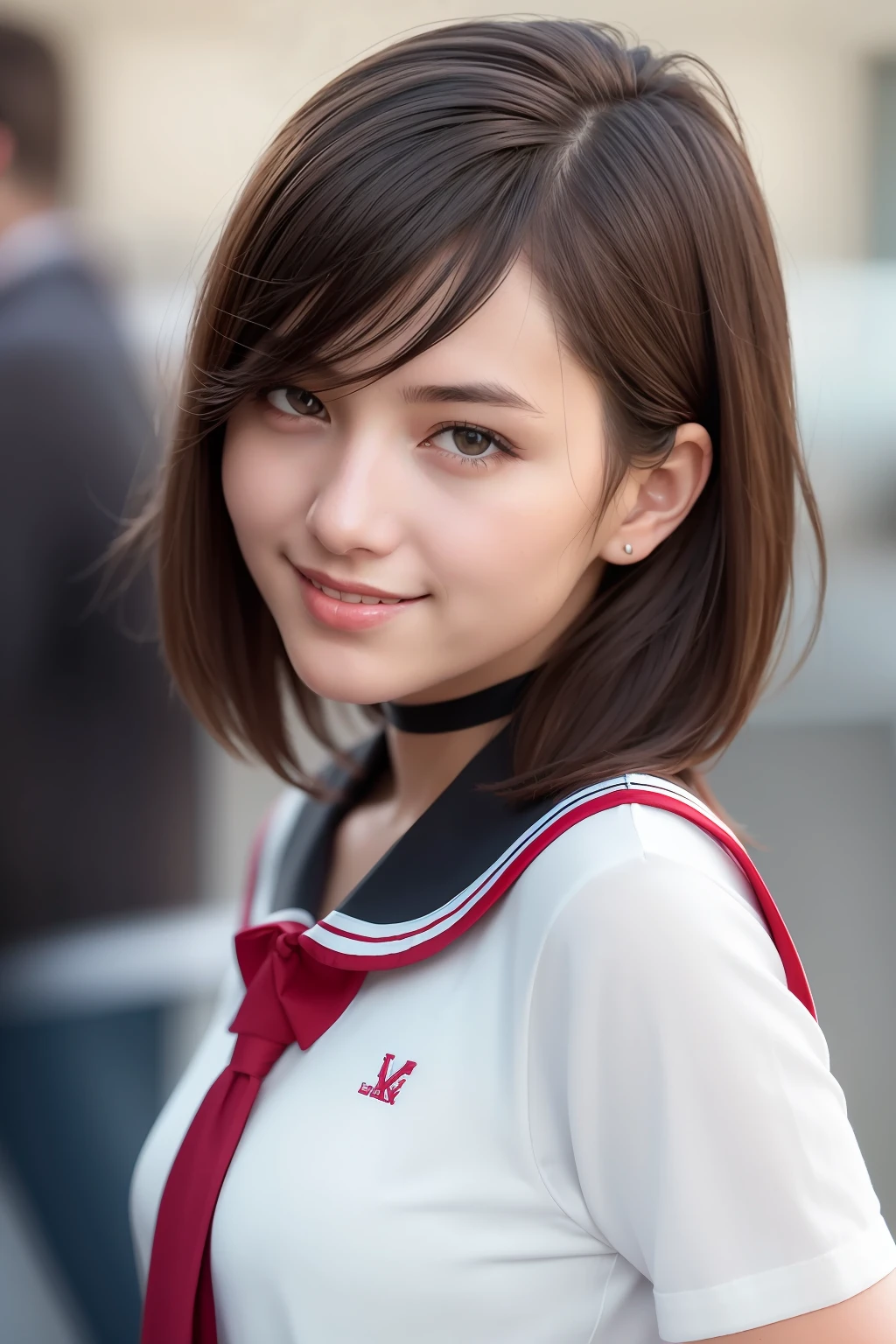 (RAW photo:1.2), (photorealistic:1.4),(masterpiece:1.3),(best quality:1.4),ultra high res,(detailed eyes),(detailed facial features),(detailed clothes features),HDR,8k resolution, solo focus, bangs, skin tight, (shiny skin),(slender girl),dreamlike,
(extreme detailed illustration),check commentary,commentary request,scenery,no text,
VirtualGirl-Rin, small breasts, bob hair, short hair, brown hair, brown eyes,
student,JK, schoolgirl,
1girl, upper body,
black choker,
white japanese school uniform,
sailor suit,
dark red pleated skirt, stockings,
sneakers,
happy,smile,