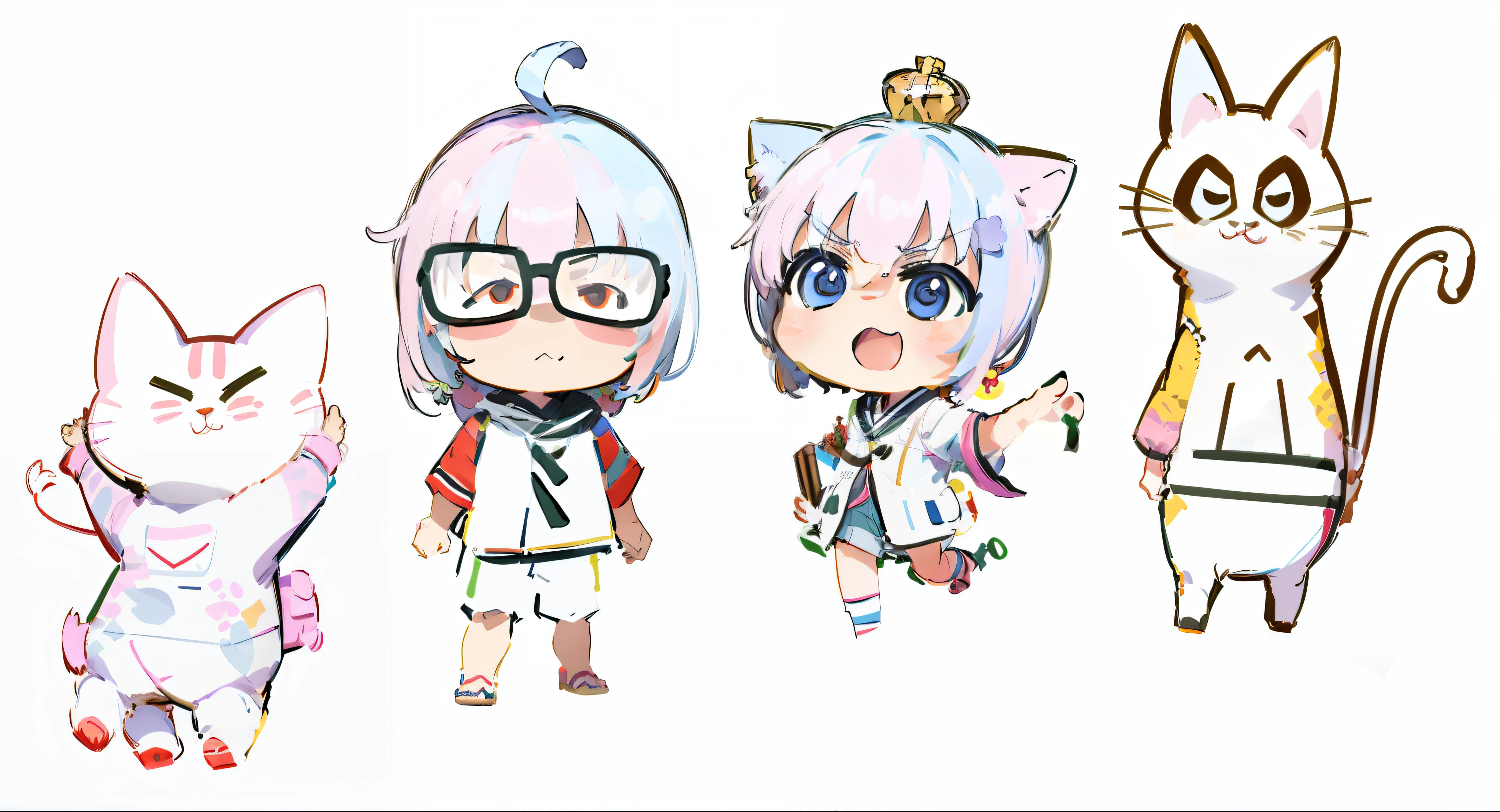 Three cartoon cats stand side by side,One wears a crown, In anime style, random characters, Cute characters, In a Japanese anime style, anime style only, in an anime style, assorted poses, style of anime, several character designs, anime set style, flat anime style shading, Cute anime style, 2 d anime style, style of anime, flat anime style --auto