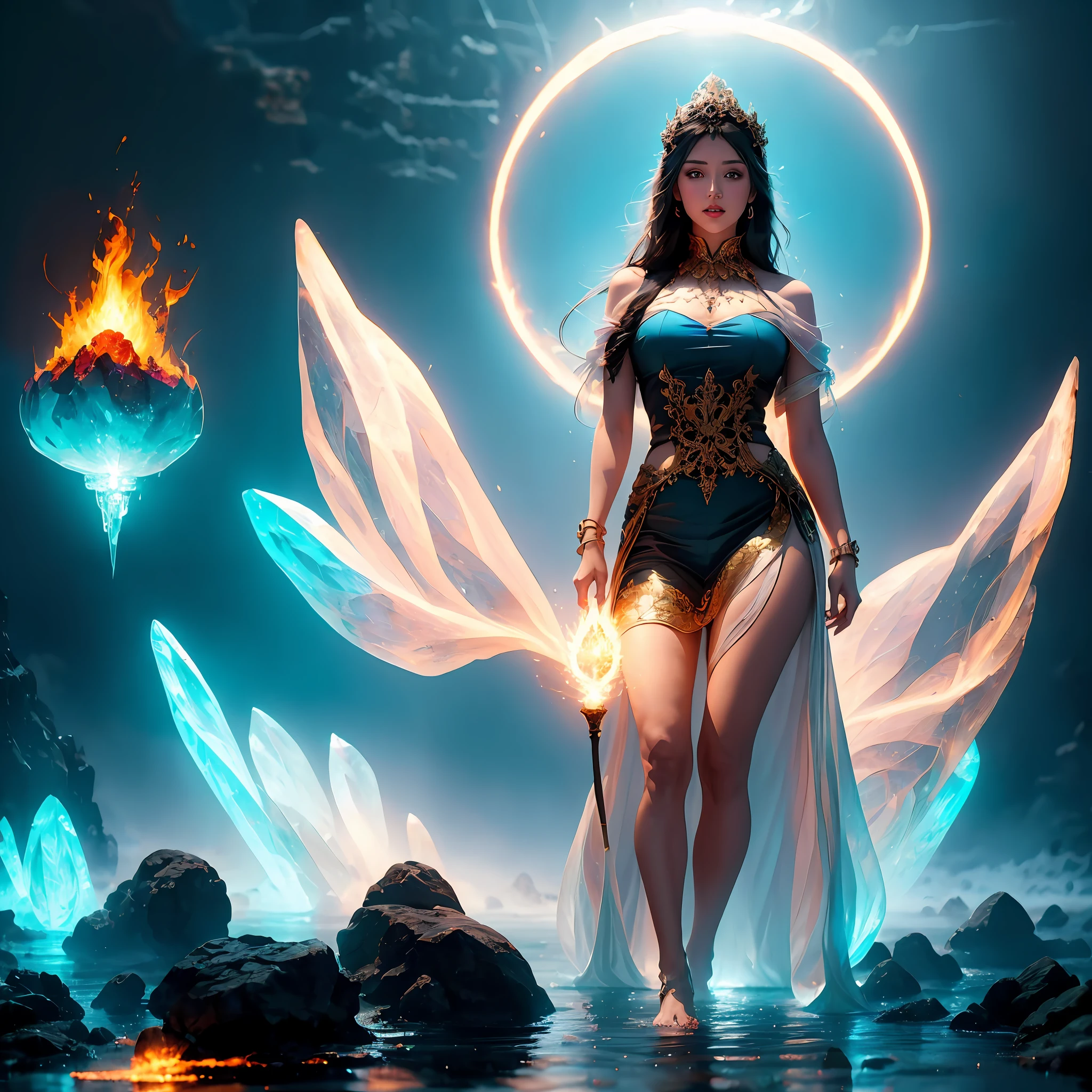 A woman in bizarre costume holding a fiery wand，Full close-up, Standing barefoot in a disc on the water，Fire in the hands，A circle of fire is raging around the body，Mysterious red flame，The background is the world of ice and snow，High icebergs，All Ice World，Endless icebergs，Dark blue light，Spooky atmosphere，Towering spires，Mysterious atmosphere，Art germ on ArtStation Pixiv, Goddess of Light, IG model | Art germ，