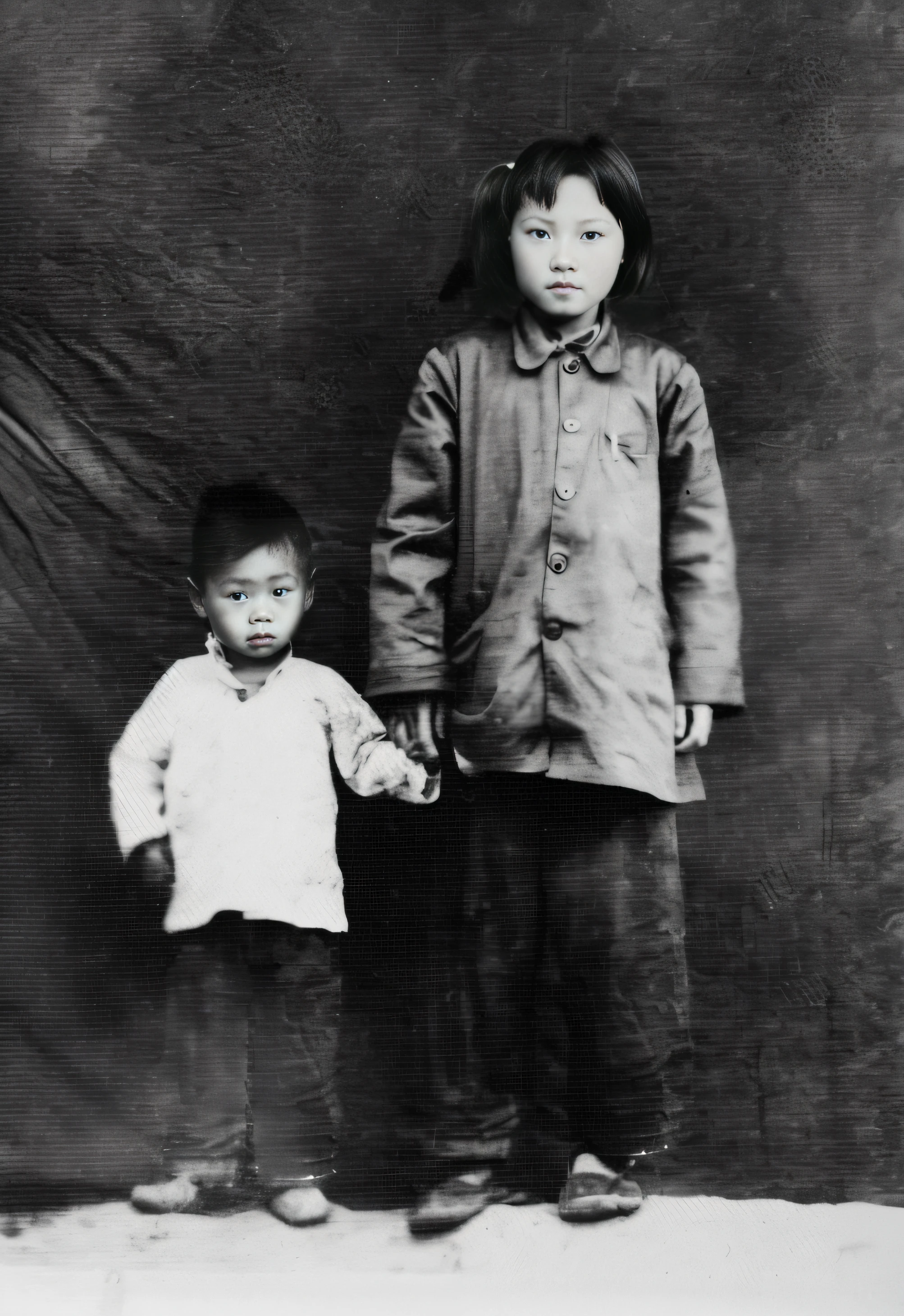 arafed black and white photograph of two children standing next to each other, author：Naondo Nakamura, black and white old photo, old black and white photo, archival photo, unknown location, unknown artist, old photograph, black and white old photo, collodion photograph, Children, early black and white photo, old photo width 768