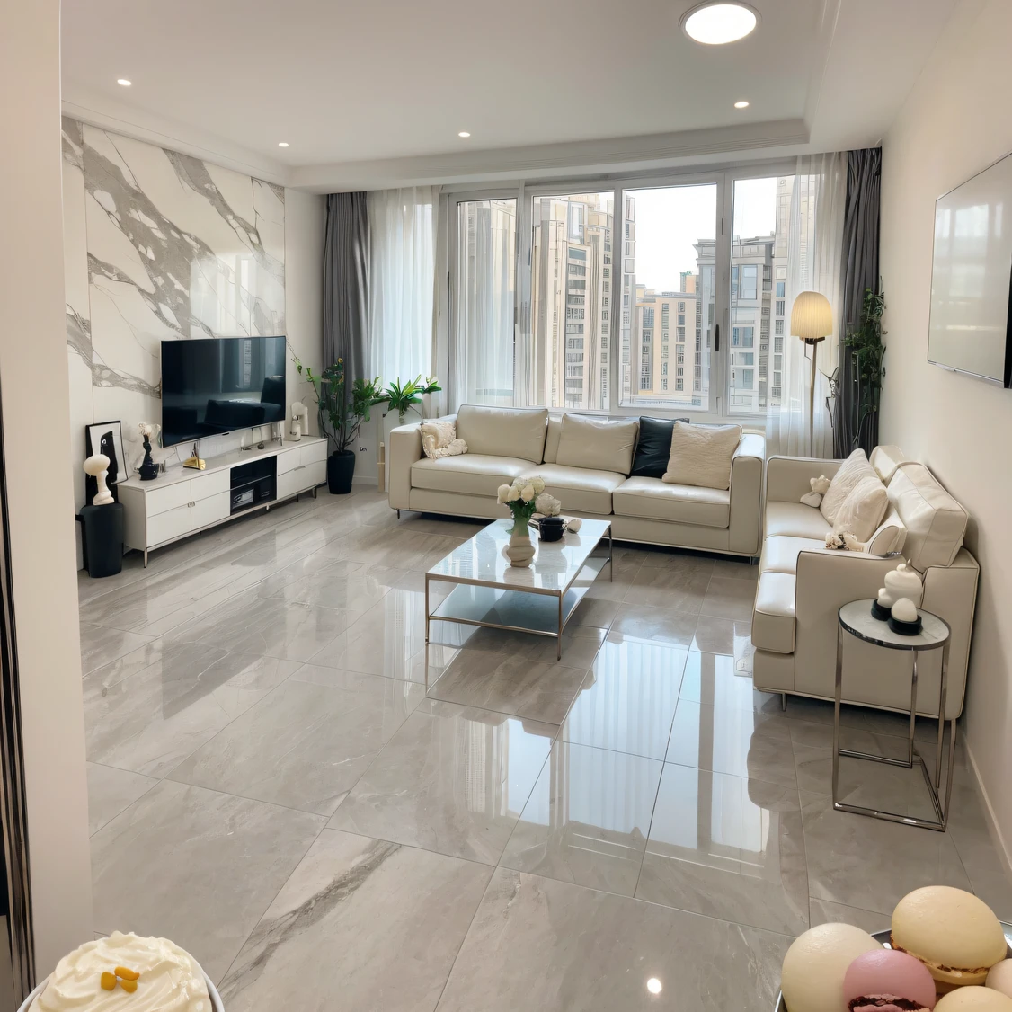 It was a homely apartment，The whole decoration is very high-grade Modi teal with gold stainless steel edges，The dark grey marble floor is complemented by a macaron cream contrast，巨作, Best quality，8K, UltraHighResolution，the living room，highend，posh,3 d perspective