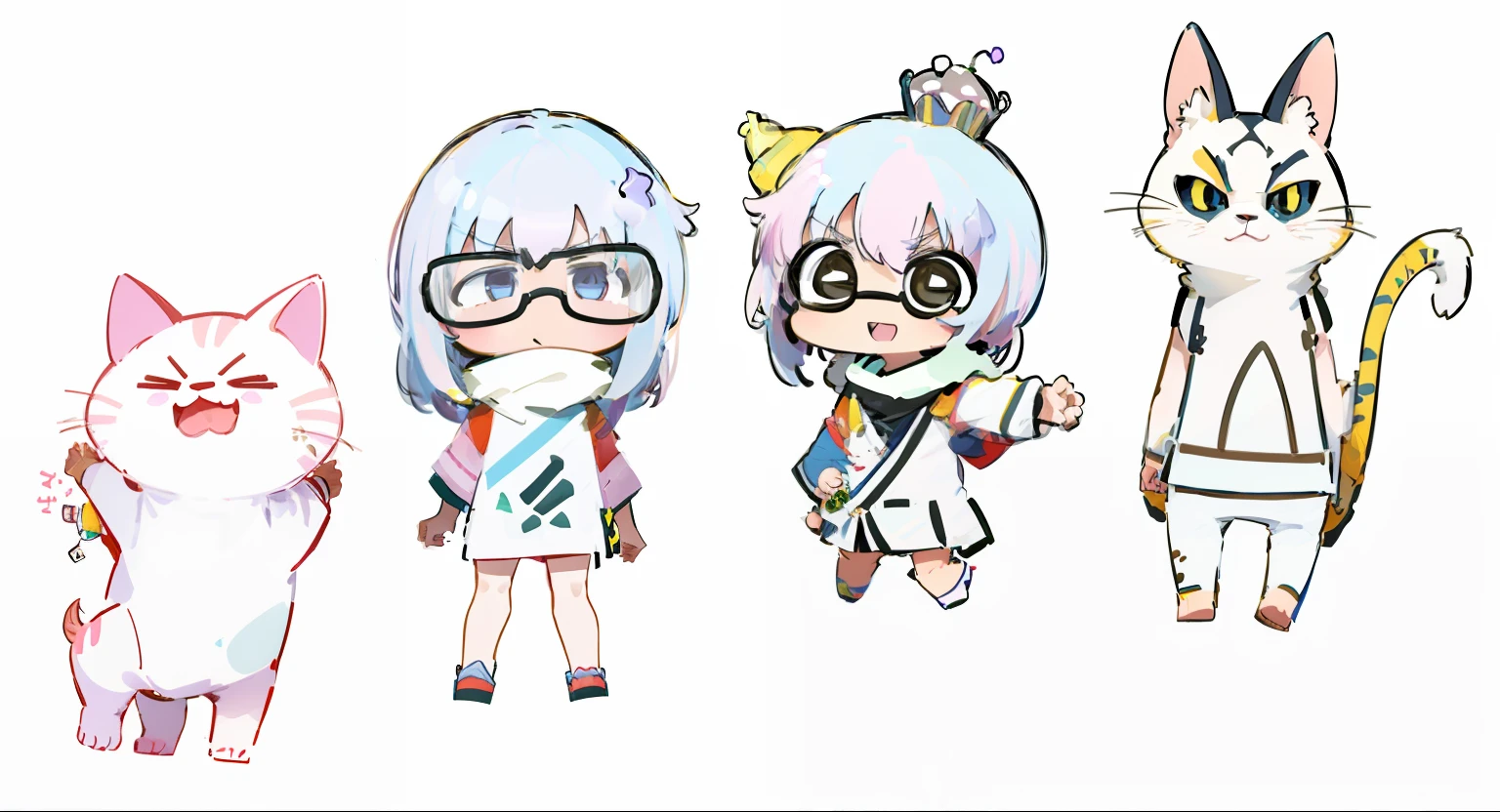 Three cartoon cats stand side by side,One wears a crown, In anime style, random characters, Cute characters, In a Japanese anime style, anime style only, in an anime style, assorted poses, style of anime, several character designs, anime set style, flat anime style shading, Cute anime style, 2 d anime style, style of anime, flat anime style --auto