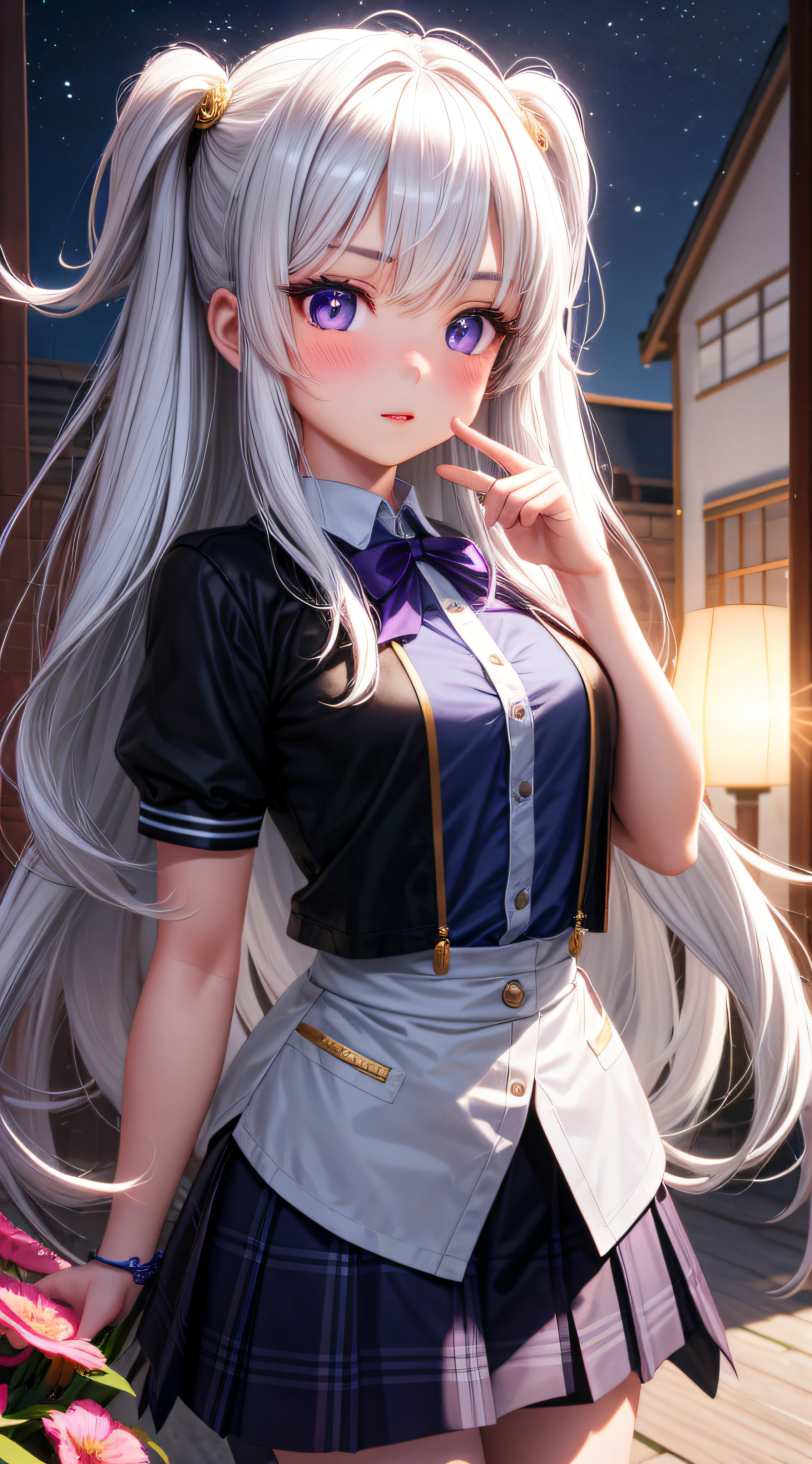 make realistic，1girl，White hair，Purple eye，Luminous eyes，Cut the top，skirts，Parting lips，get blush，night，fresh flowers，The Sun，The sunlight，make realistic，3D