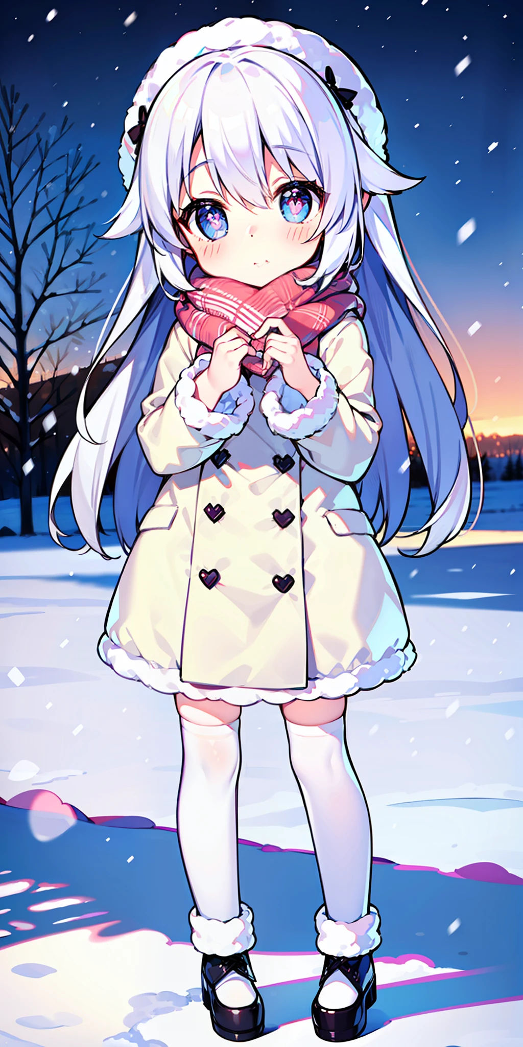 Loli, long hair, cute, heart-shaped pupils, solo, white hair, blush, winter, snow, outdoors, white stockings, standing