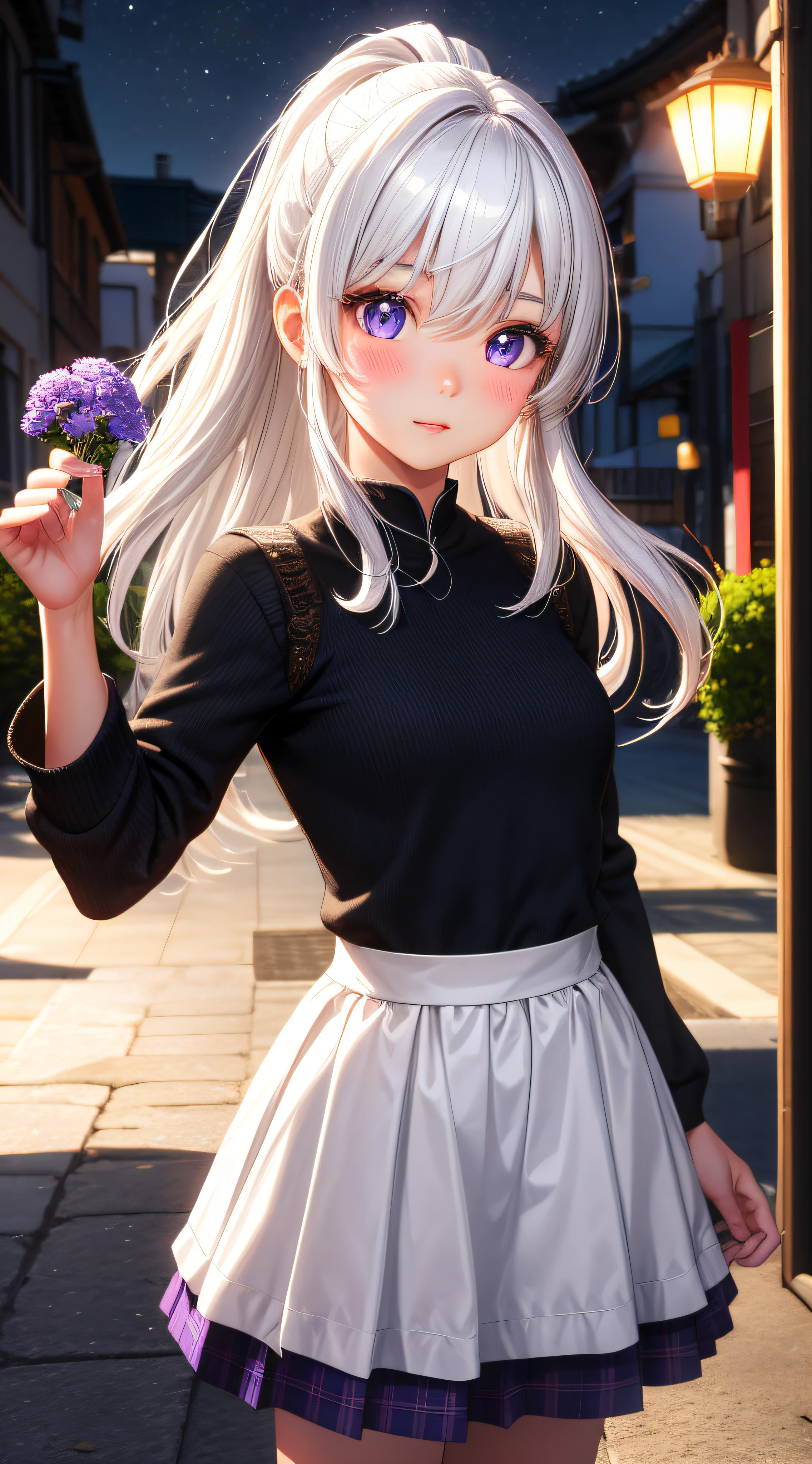 make realistic,1girl,White hair,Purple eye,Luminous eyes,Cut the top,skirts,Parting lips,get blush,night,fresh flowers,The Sun,The sunlight,make realistic,3D