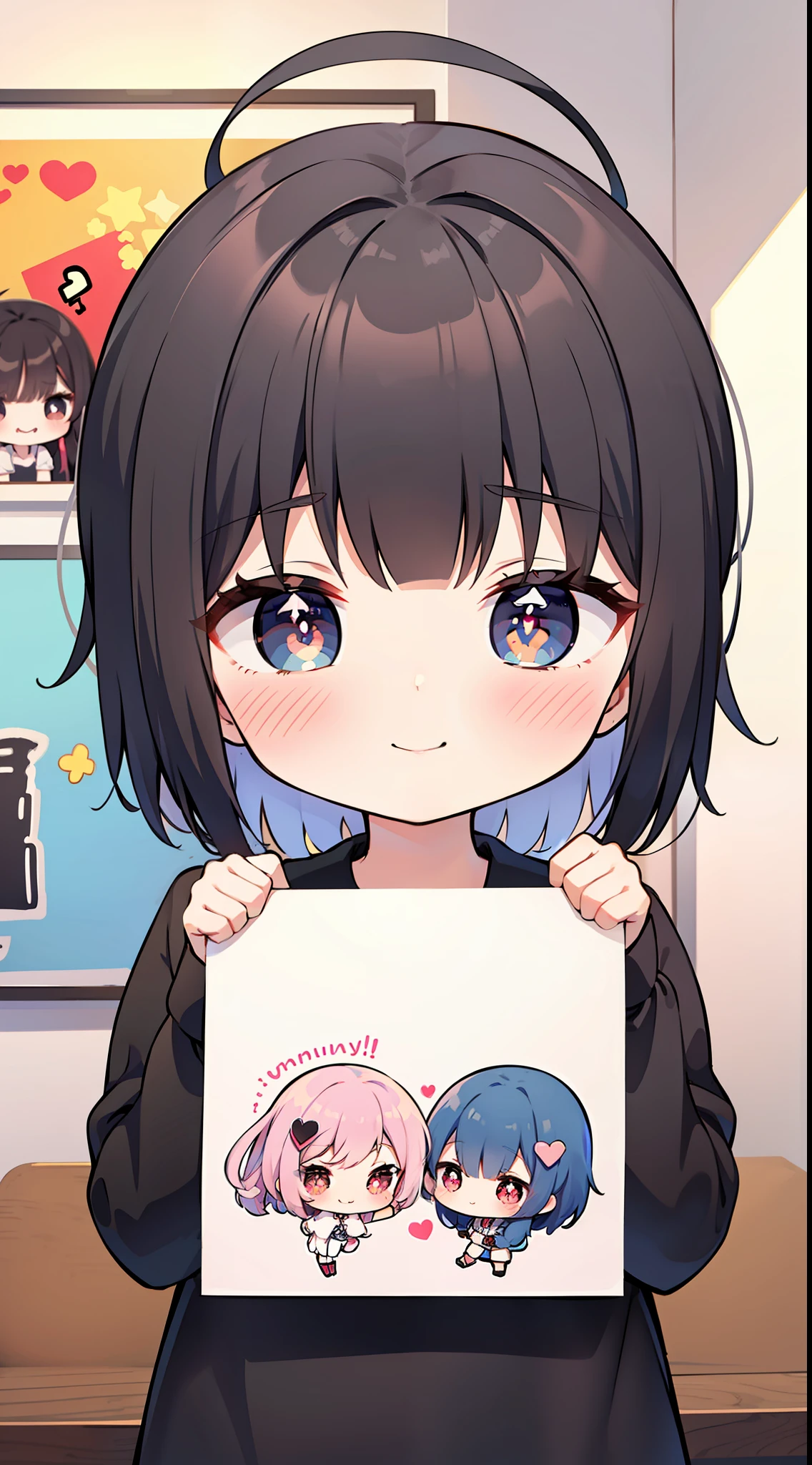 cute publicitary (((chibi))) poster, white hair, asymmetrical hair, bangs, heart-shaped pupils, smile, light smile, light blush, anime style, anime, masterpiece, high quality