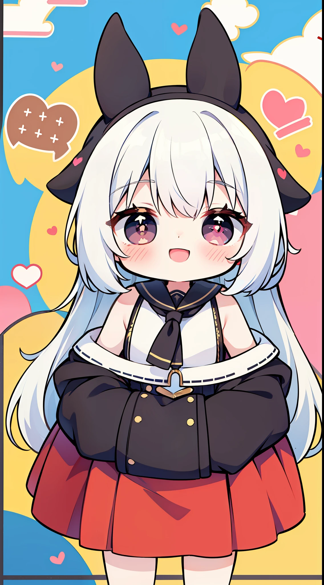 cute publicitary (((chibi))) poster, white hair, asymmetrical hair, bangs, heart-shaped pupils, smile, light smile, light blush, anime style, anime, masterpiece, high quality