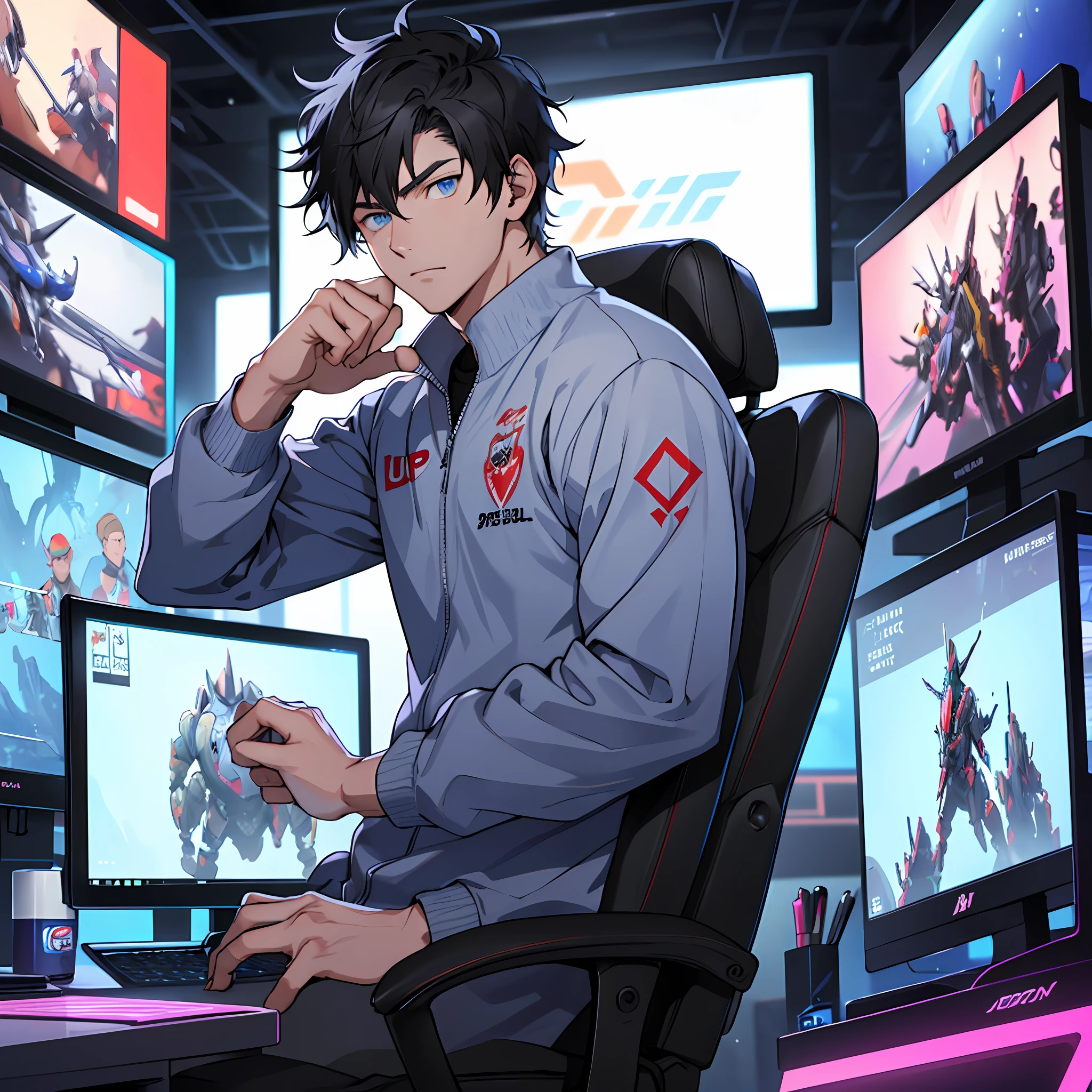 (((Best quality))), (((Super High Resolution))), anime boy, ((short black hair))((blue eyes)), sitting in front of computer playing games, background in esports room.