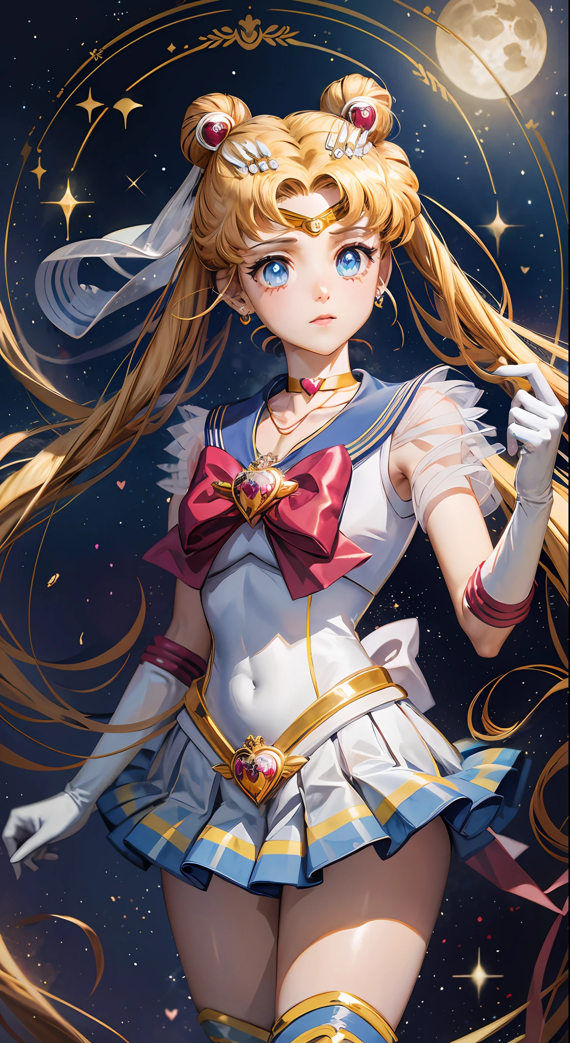 Masterpiece, best quality, (1 girl), super sailor moon, cowboy lens, night sky, moonlight, night, white gloves, blue eyes, galaxy background, multicolored clothes, school uniform, blue skirt, hair ornament, red bow, brooch, heart brooch, earrings, crescent, heart necklace, heart, very long hair, crescent moon earrings, tiara, yellow necklace, boots, knee boots,  red shoes, long legs