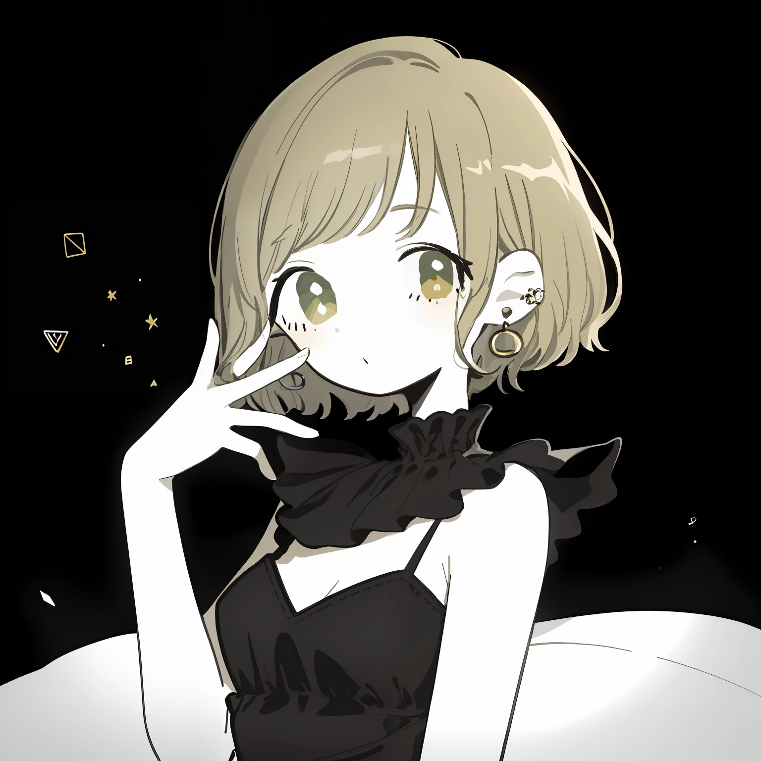 (nmasterpiece,masterpiece)Best qualities,best quality,figure(main character),(1girl:1.5),(green eyes),(bronde hair+short-cut hair:1.3),closes mouth,ear ring,(Round earrings:1.1),(jewelries:1.1),Pure black background,Look at the audience at eye level,chemise,simplebackground,独奏,(Haut du corps:1.1),Pure black shirt,Maximalism。