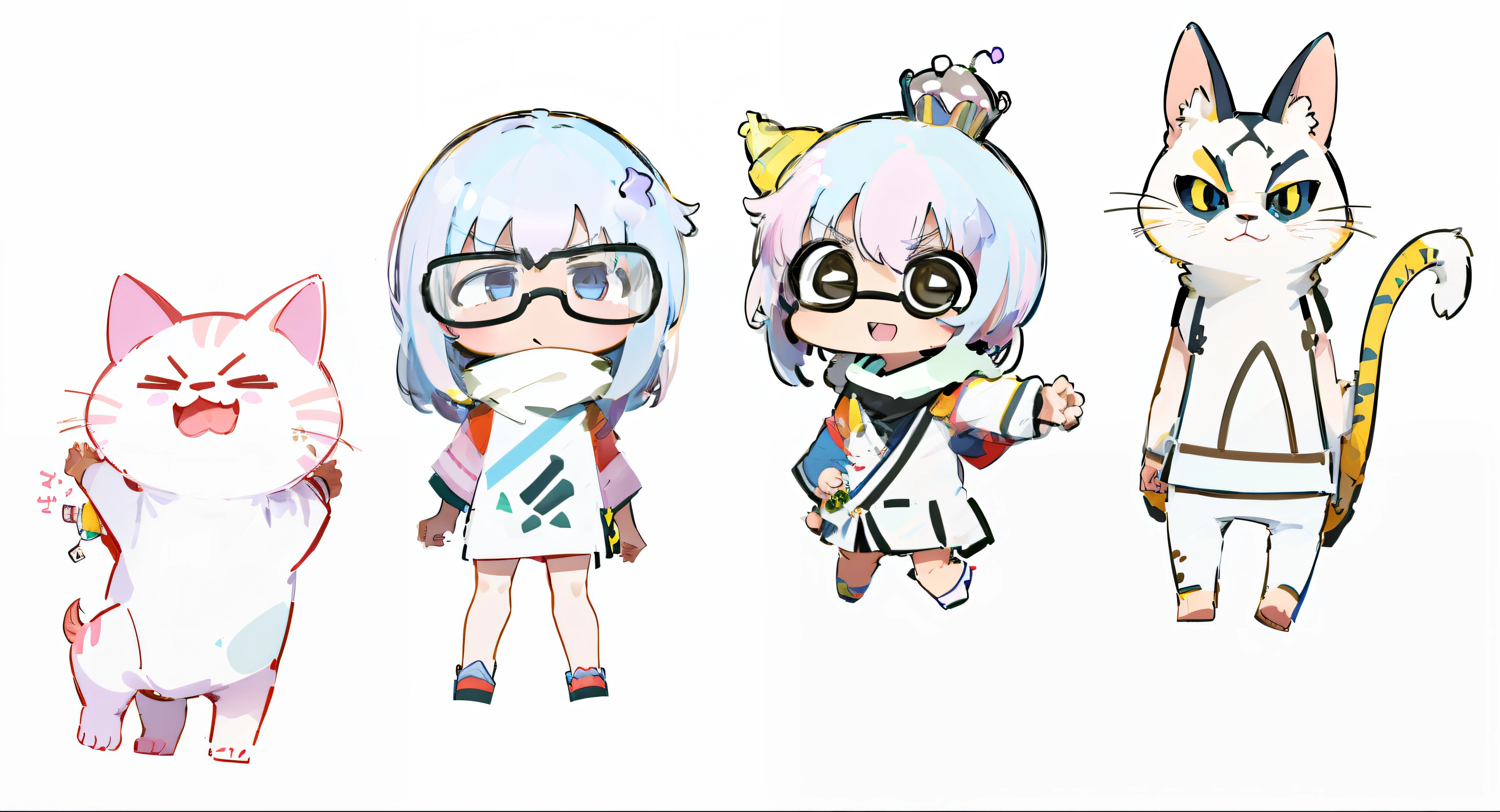 Three cartoon cats stand side by side,One wears a crown, In anime style, random characters, Cute characters, In a Japanese anime style, anime style only, in an anime style, assorted poses, style of anime, several character designs, anime set style, flat anime style shading, Cute anime style, 2 d anime style, style of anime, flat anime style --auto