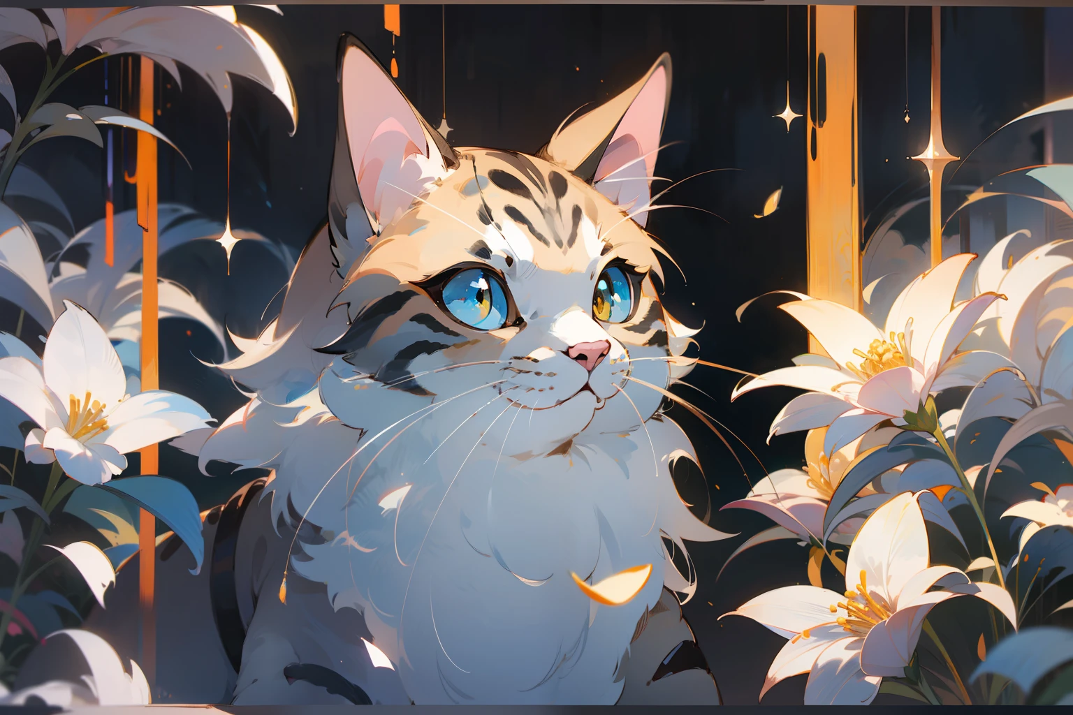 Cute gray puppet cat, Miyazaki dreamy style, Surrealist animal illustration,outside,skies,baiyun, Bow,fresh flowers,Meiji art, Light color color painting, Rich layers, Realistic figurative painting, Realistic hyper-detailed portrait style, New traditional Japan, Soft edges, Fantastic illustration,(Very detailed CG unity 8k wallpaper), Clean background, natural lights, 最佳质量, ultra detaile