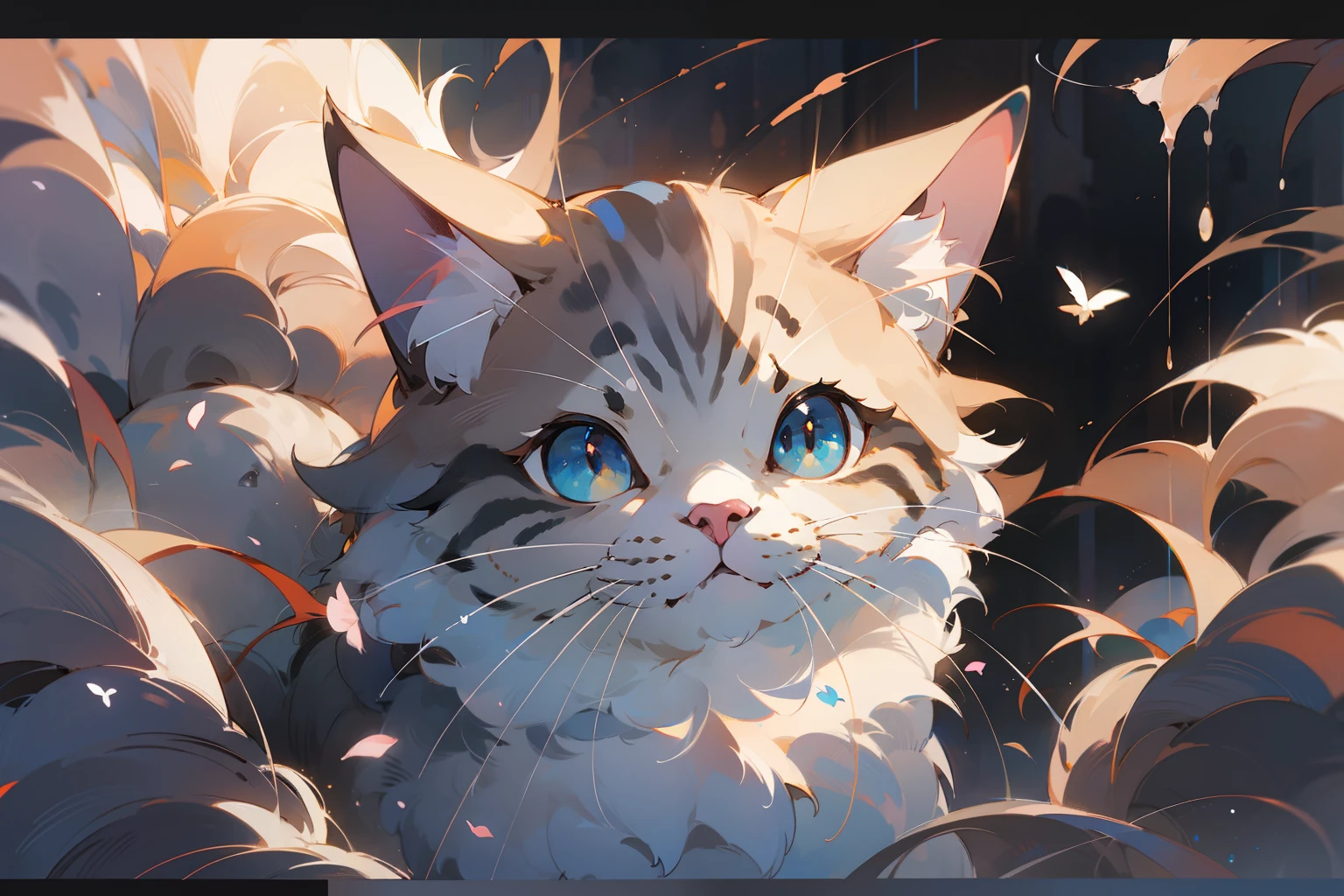 Cute gray puppet cat, Miyazaki dreamy style, Surrealist animal illustration,outside,skies,baiyun, Bow,fresh flowers,Meiji art, Light color color painting, Rich layers, Realistic figurative painting, Realistic hyper-detailed portrait style, New traditional Japan, Soft edges, Fantastic illustration,(Very detailed CG unity 8k wallpaper), Clean background, natural lights, 最佳质量, ultra detaile