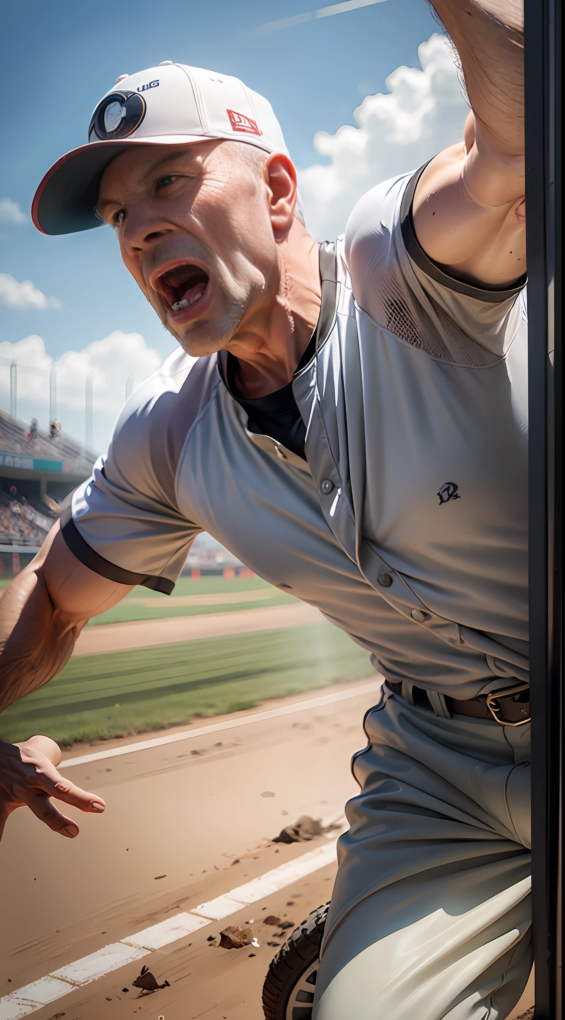 68 year old half bald masculine man, normal clothes, wrinkles, yelling, jumping in front of a car, baseball field