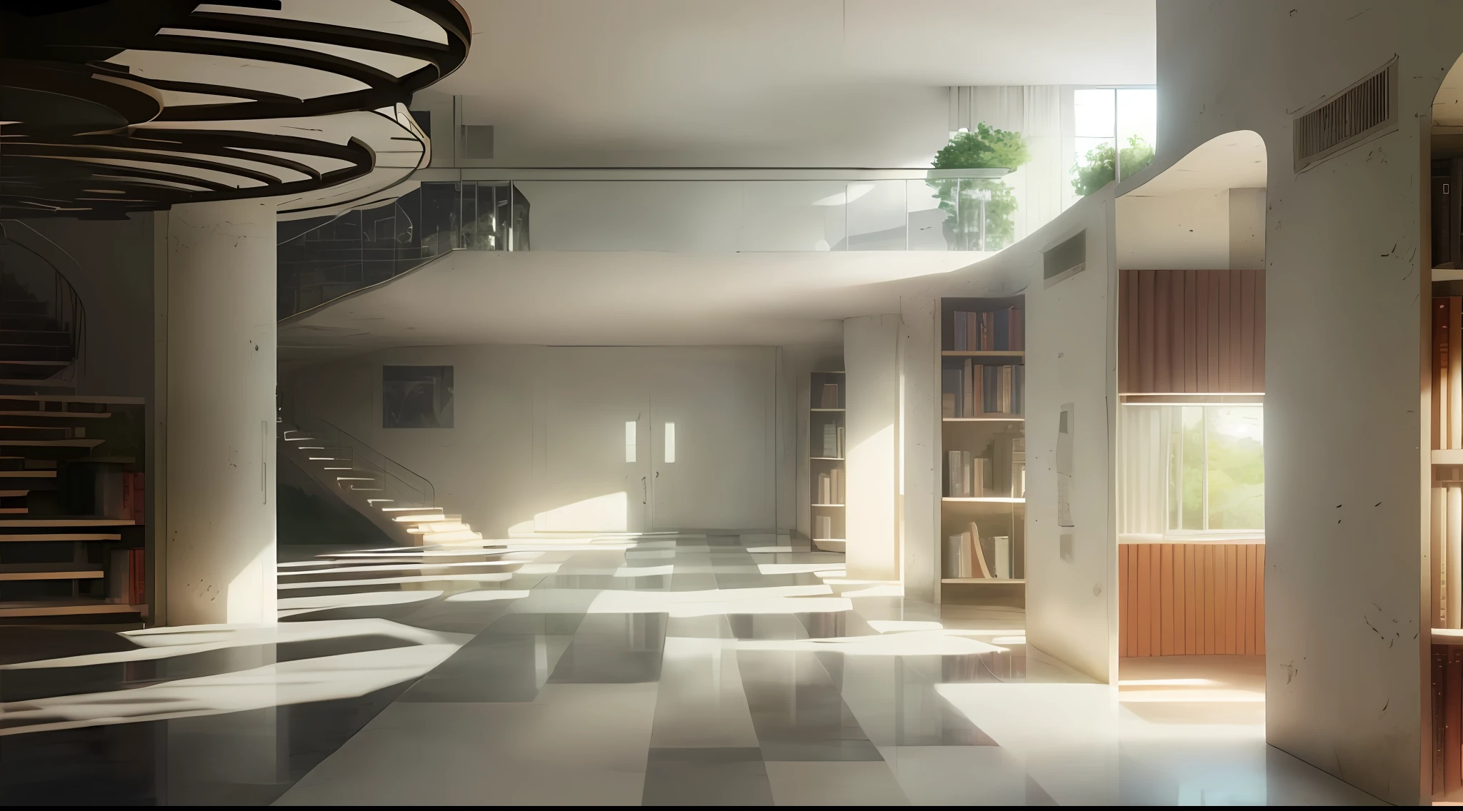 schools,ModernArchitecture,book case,big hall,White walls,animel,brightly,shinkai,a digital rendering,makoto shinkai art style