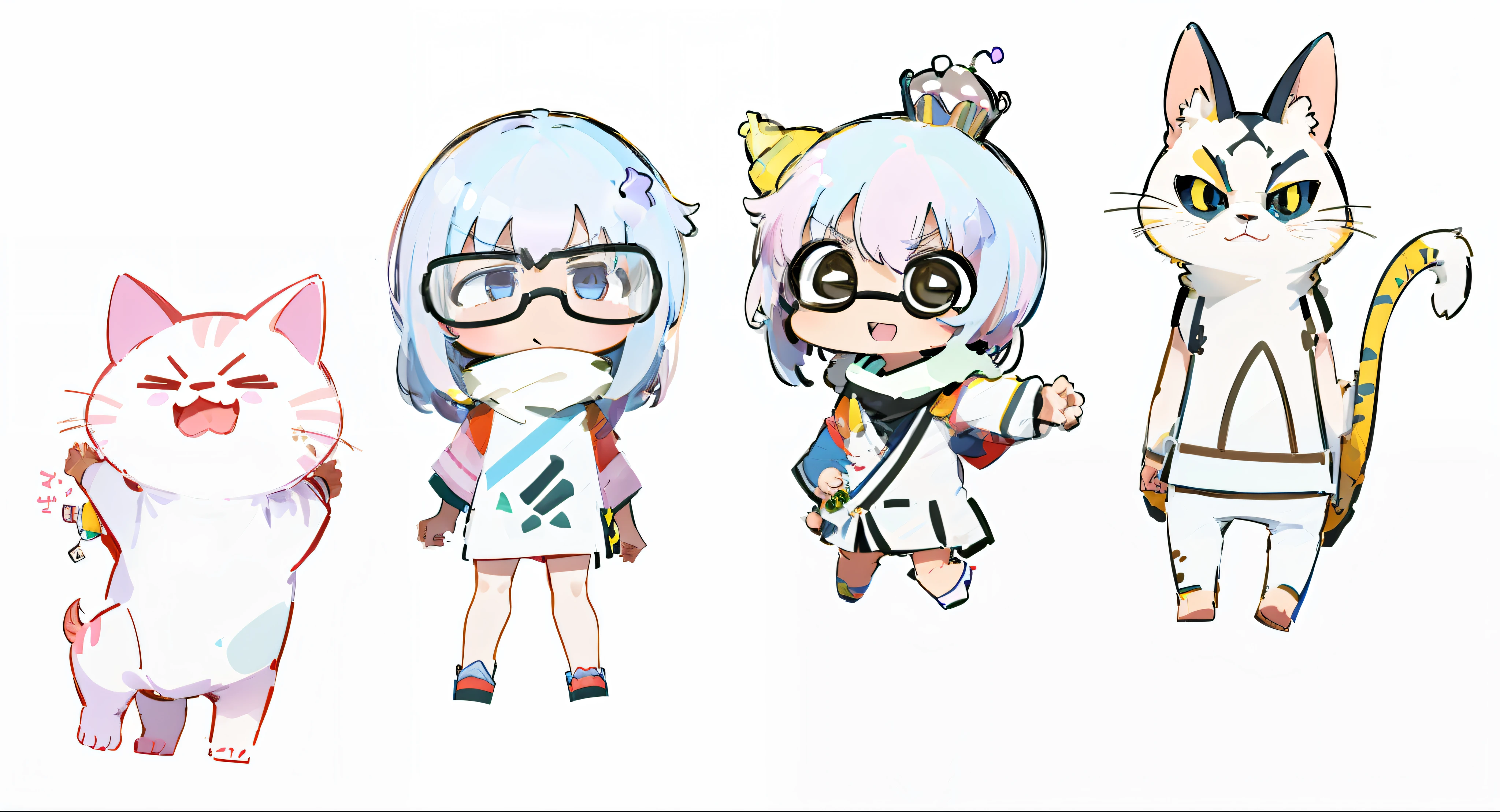 Three cartoon cats stand side by side，One wears a crown, In anime style, random characters, Cute characters, In a Japanese anime style, anime style only, in an anime style, assorted poses, style of anime, several character designs, anime set style, flat anime style shading, Cute anime style, 2 d anime style, style of anime, flat anime style --auto