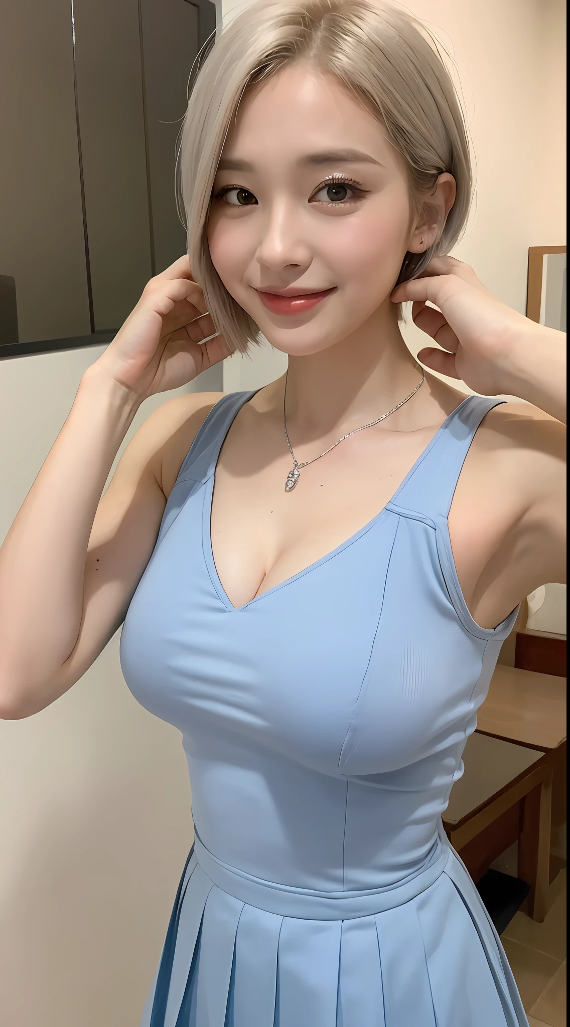 ((Best Picture Quality, 8k, nmasterpiece:1.3)), 1girl, Beautiful woman with slender abs:1.3, (silver short hair, No leakage of big breasts:1.2), one piece dress:1.1, Ultra-fine face, detailed eye, Double eyelid，Smile with，schools，Light blue JK uniform，Light blue pleated skirt，Russians
