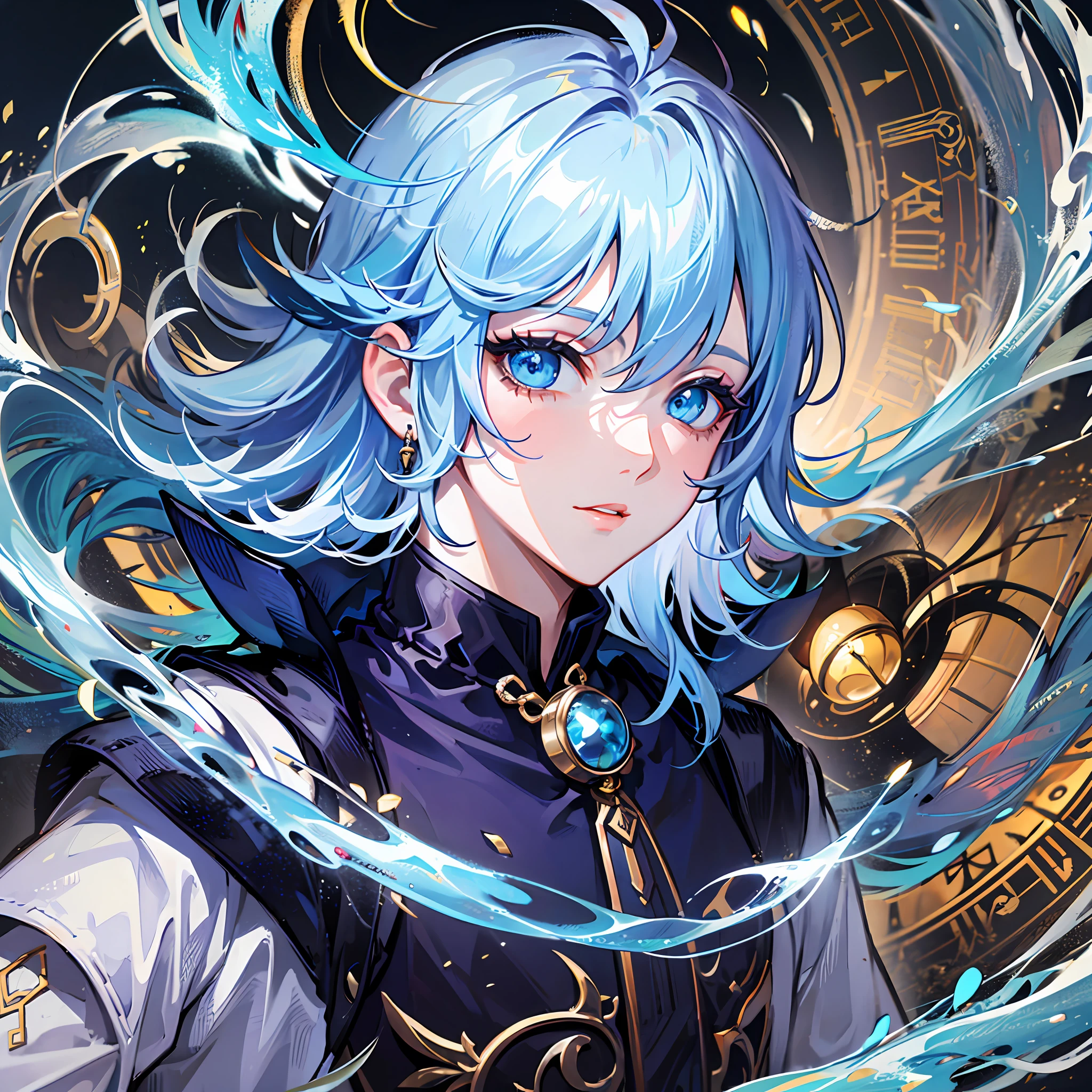 Blue-silver lush hair，Light cyan eyes，younge boy，(White simple robe)God of time，Time element，Eyes gaze，Pay attention to detail，HighestQuali，Handsome，Disembodied，bell