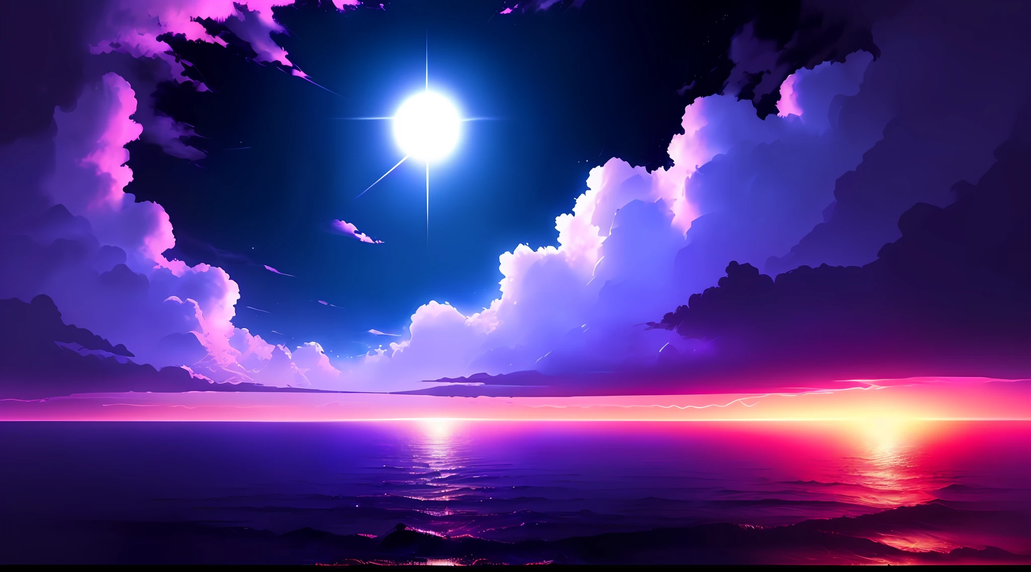 Purple ocean in dreams,夜晚,animel,brightly,shinkai,a digital rendering,anime scene,Anime lighting,makoto shinkai art style