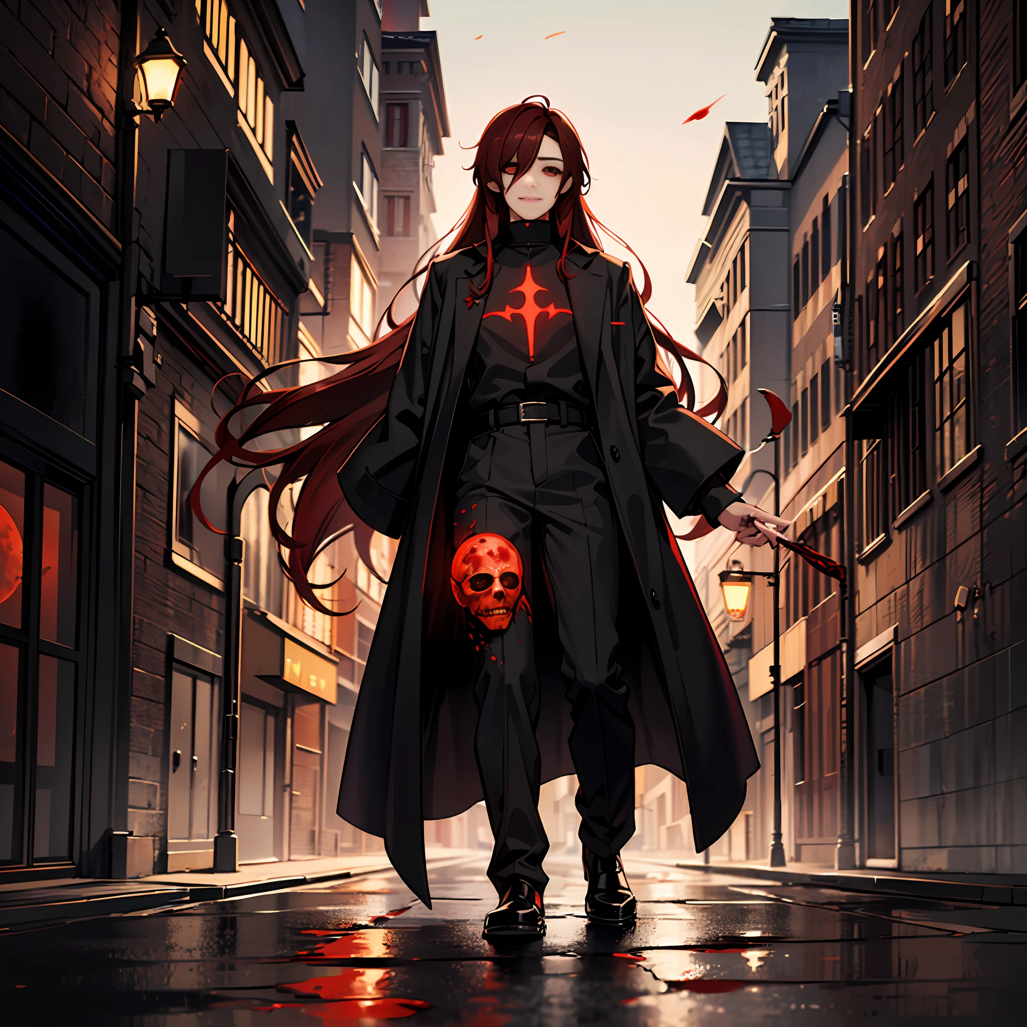 (absurd, highres, ultra-detailed),((human)),((((male teen)))), finely detailed eyes, ((dark red hair)), complex pattern, detailed face, magic effect, best proportion four fingers and one thumb, blood, red aura, smile, closed mouth, ((glowing red eyes)), torn clothes, cassock, ((black eye sclera)), demon tail, walking in a city, bloody hands, crying blood, macabre, gothic, ((long hair)), heavy rain, night, dark, blood moon, only 1 people, mask
