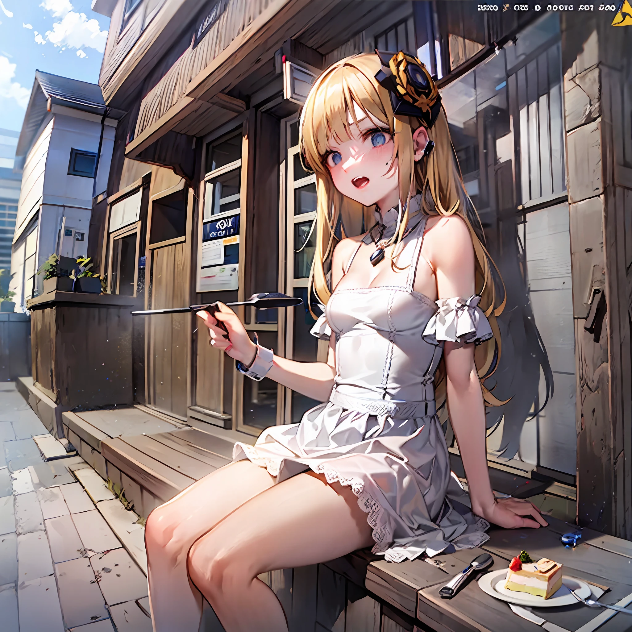 (illustration,masterpiece,best quality,high resolution),(1girl,(li:1.2),small breasts,long hair,blonde hair,white dress,bare shoulders,town,cake,angry) BREAK (Bodycam,police)