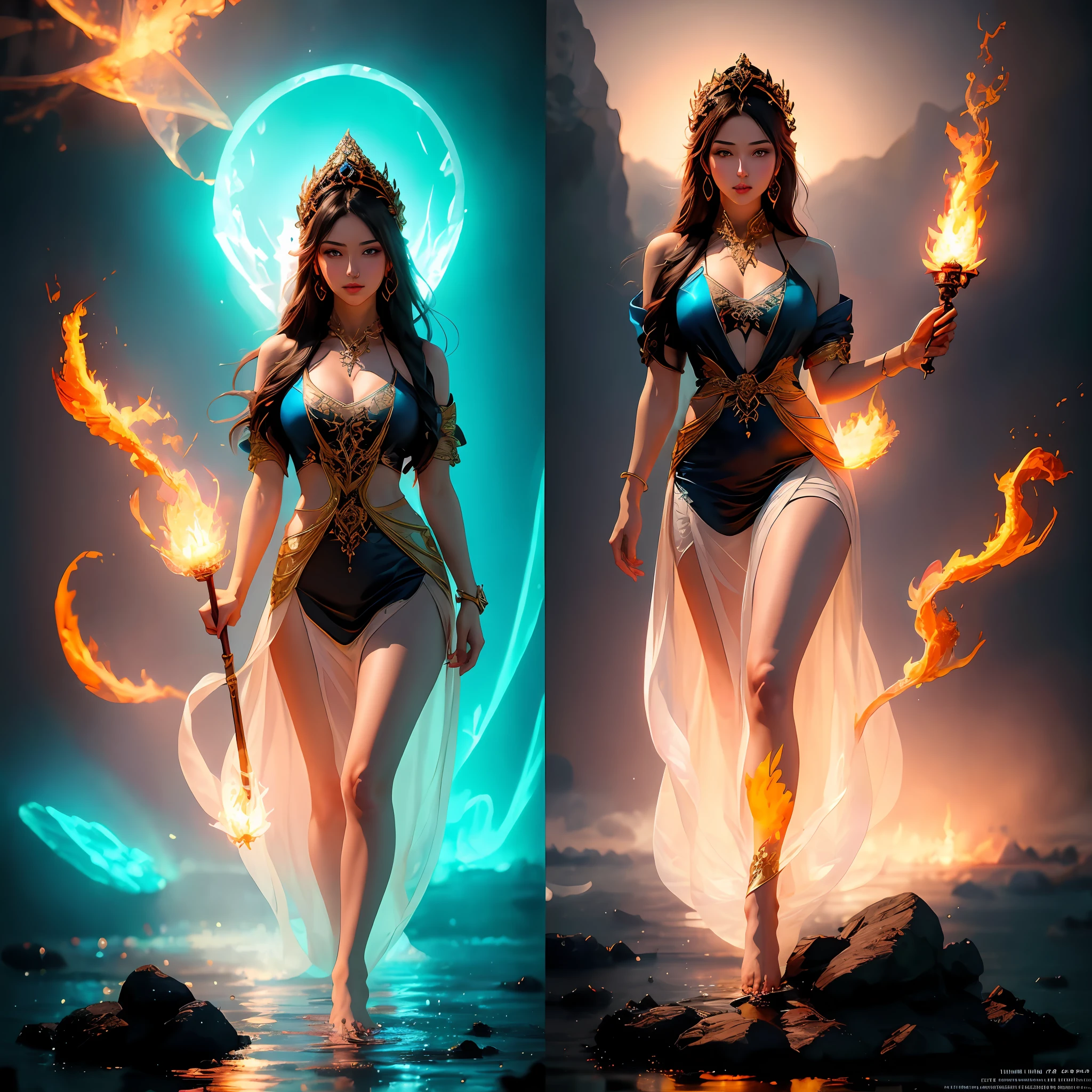 A woman in bizarre costume holding a fiery wand,Full close-up, Standing barefoot in a disc on the water,Fire in the hands,A circle of fire is raging around the body,Mysterious red flame,The background is layers of icebergs,Towering icebergs,All Ice World,Endless icebergs,Dark blue light,Spooky atmosphere,Towering spires,Mysterious atmosphere,Art germ on ArtStation Pixiv, Goddess of Light, IG model | Art germ,