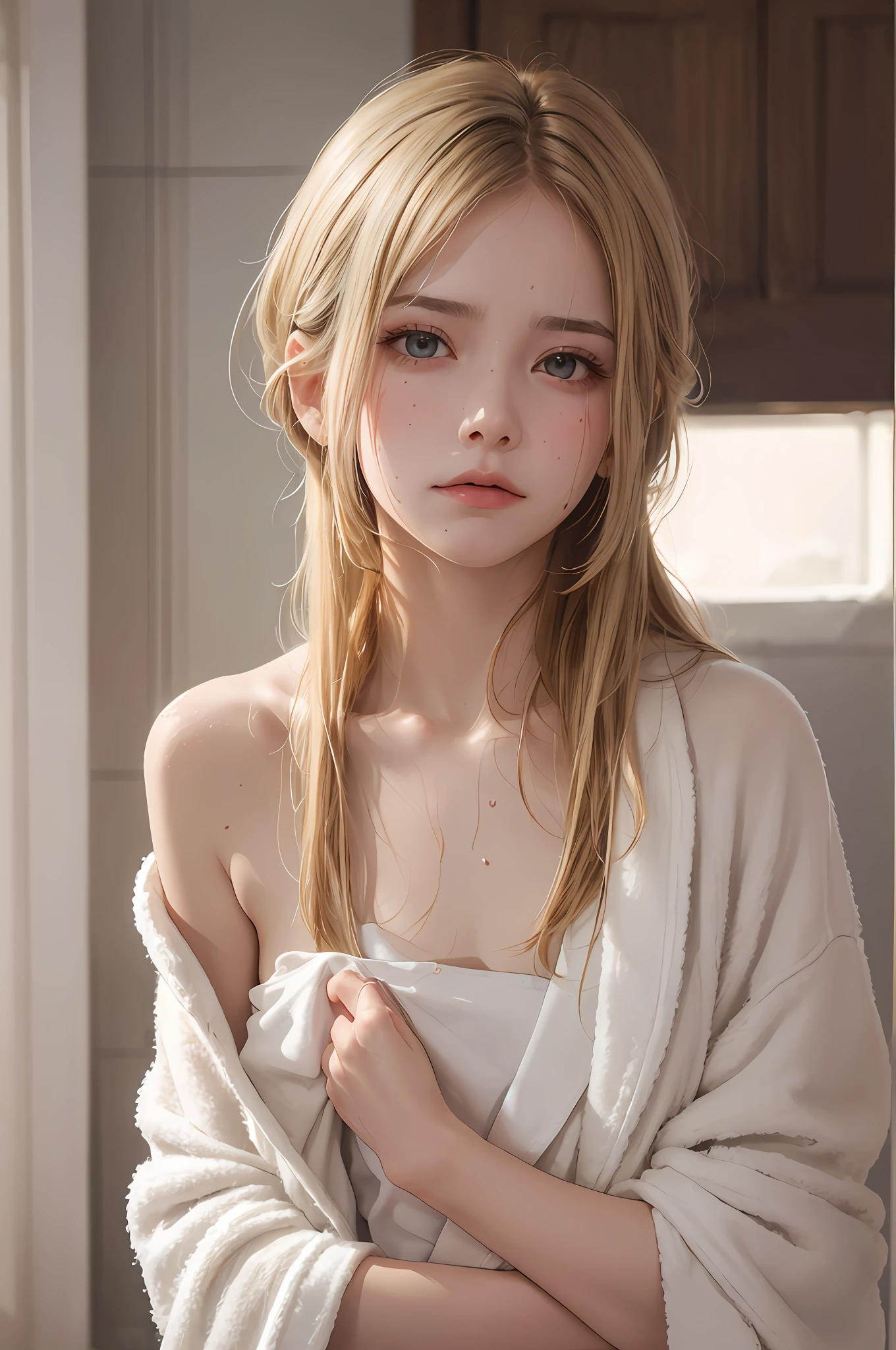 (best  quality), (A masterpice), (high resolucion), original, Very detailed 8k wallpaper, (Very delicate), best  quality, A masterpice, (((Disgusted look, Unhappy face))), UltraHighResolution, (photorealestic:1.4), Photo of young pretty girl with blonde hair, length hair、tousled hair、perspired, Sweaty body,Naturally glowing skin、 (loose:1.3)bath robe、Exposed shoulders、naked bathrobe、Worn bathrobe、disheveled bathrobe、Fully open bathrobe、body soaking wet、(Torn bathrobe)