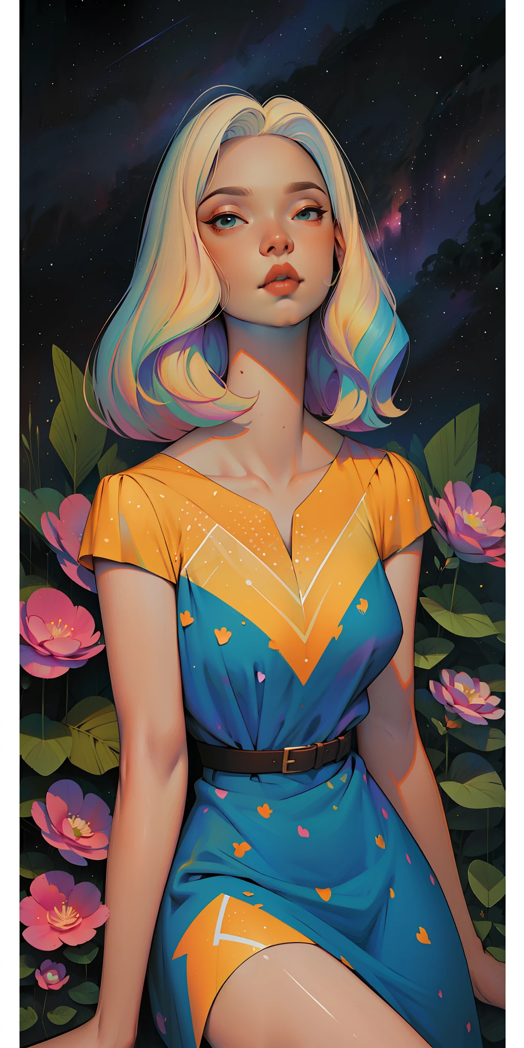 a goddess, A glorious sunrise, aura, glow, multi-colored bright aurora borealis, Spectrum Rainbow,Colored Angel Wings, feathers, In a chic, lavender white mint hair,  pastel, mixed-language_SMS, (beautiful and clear background:1.2),, fantastic paintings , olhos altamente detalhados, crystals,   outer space, galaxy, Gorgeous hair, Background Flora Peony, poppy, hydrangea, Plants. Loving. Love. ultra detailed hair, Best Quality, hig quality, highly resolution, detail enhancement, ((most beautiful image in the world)), Masterpiece, Best Quality, High Quality Detail Enhancement, ((most beautiful image ), Shiny hair, ultra chic polka dot dress, Print, Stampa Flores, art by stjepan sejic, art by j scott campbell, art by guillem march, art by citemer liu, 4k, highly resolution, comic book character, comic, high quality detailed,   style of ::2.0 comix illustration style,tatoon style, hig quality, highly resolution, detail enhancement, 8K, HD, Best Quality, hig quality, highly resolution, detail enhancement, 8K, HDR, Sharp focus, Ultra Detailed, perfect illumination, Curvy Body, Lush breasts, Curvy hips, Sits, sparks, Stars, The Cycle of the Stars