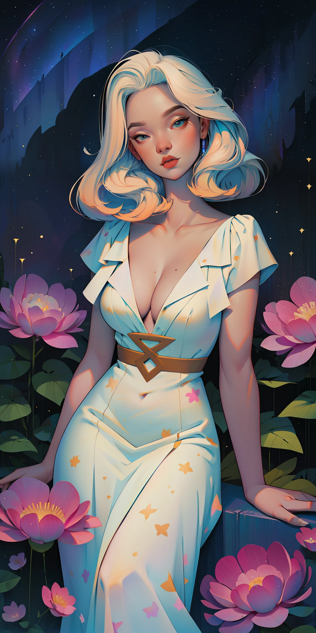 a goddess, A glorious sunrise, aura, glow, multi-colored bright aurora borealis, Spectrum Rainbow,Colored Angel Wings, feathers, In a chic, lavender white mint hair, pastel, mixed-language_SMS, (beautiful and clear background:1.2),, fantastic paintings , olhos altamente detalhados, crystals, outer space, galaxy, Gorgeous hair, Background Flora Peony, poppy, hydrangea, Plants. Loving. Love. ultra detailed hair, Best Quality, hig quality, highly resolution, detail enhancement, ((most beautiful image in the world)), Masterpiece, Best Quality, High Quality Detail Enhancement, ((most beautiful image ), Shiny hair, ultra chic polka dot dress, Print, Stampa Flores, art by stjepan sejic, art by j scott campbell, art by guillem march, art by citemer liu, 4k, highly resolution, comic book character, comic, high quality detailed, style of ::2.0 comix illustration style,tatoon style, hig quality, highly resolution, detail enhancement, 8K, HD, Best Quality, hig quality, highly resolution, detail enhancement, 8K, HDR, Sharp focus, Ultra Detailed, perfect illumination, Curvy Body, Lush breasts, Curvy hips, Sits, sparks, Stars, The Cycle of the Stars