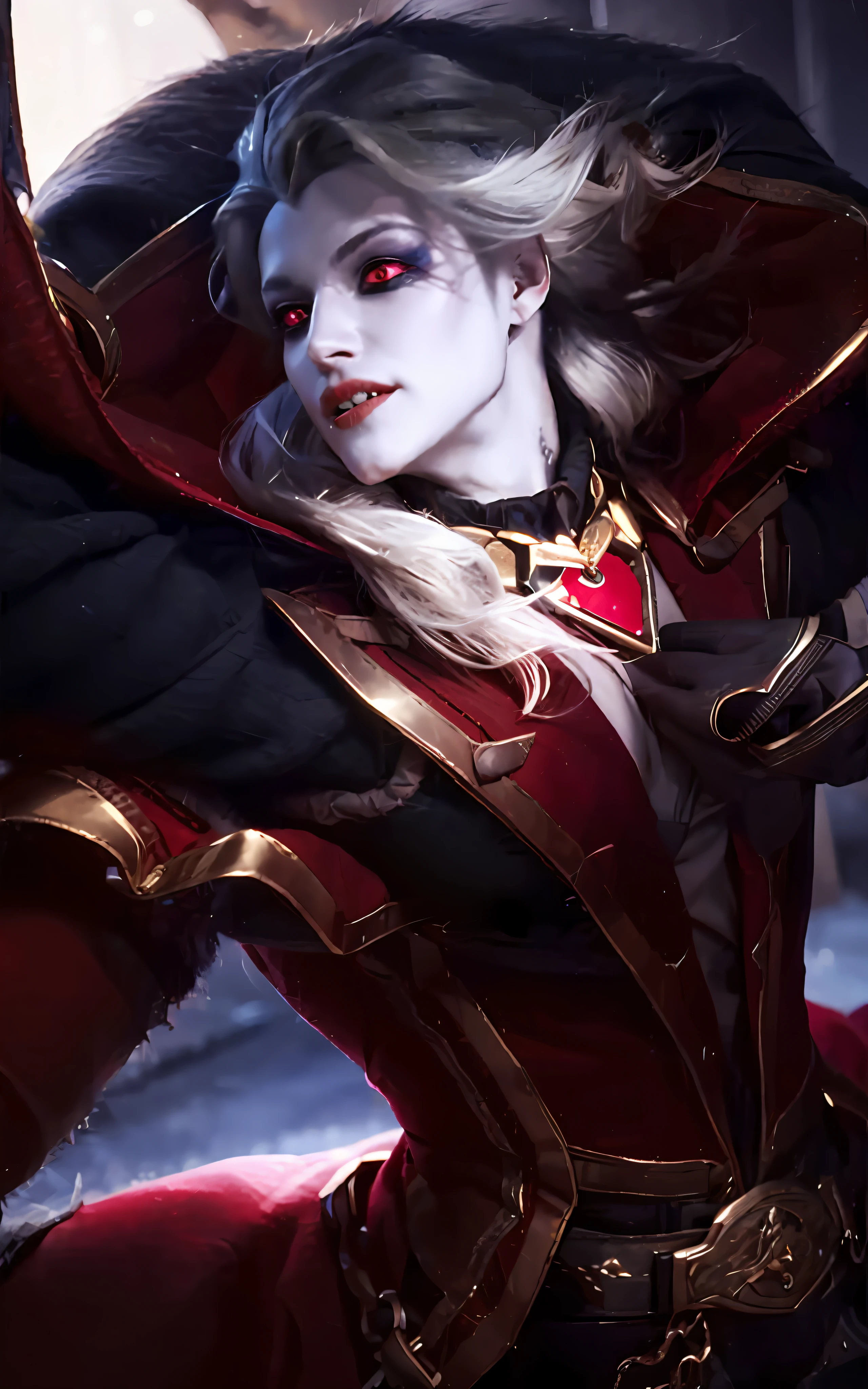 a man with a red cape and a black cape on her head, alucard, androgynous vampire, male vampire of clan banu haqim, extremely detailed artgerm, amazing portrait of viego, vampire of clan lasombra, style artgerm, by Yang J, a man with grey hair, long hair, HD, Ultra Realistic, extremely detailed, 4K