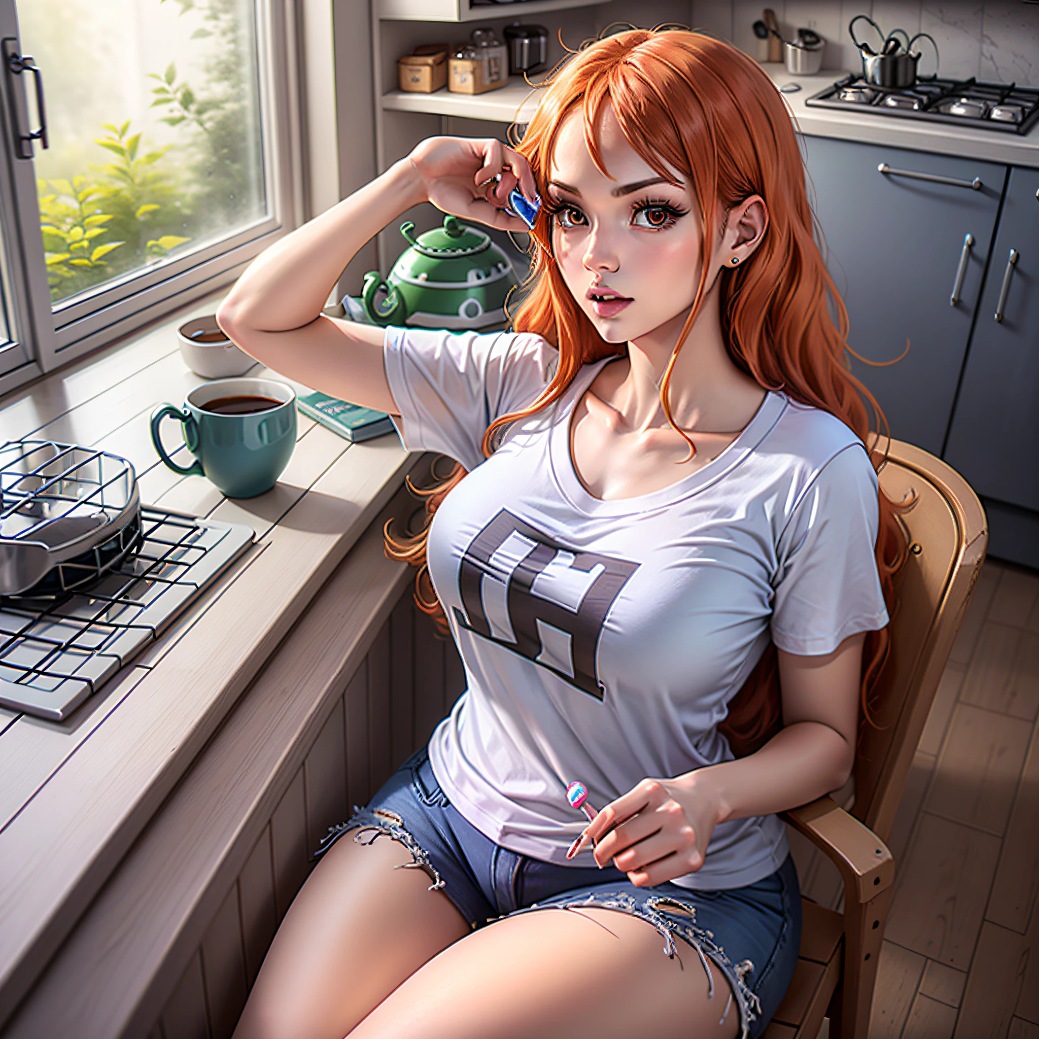 Nami from one piece, sitting on kitchen table, in shorts large size transparent white T-shirt plain, eating candy, long fluffy hair