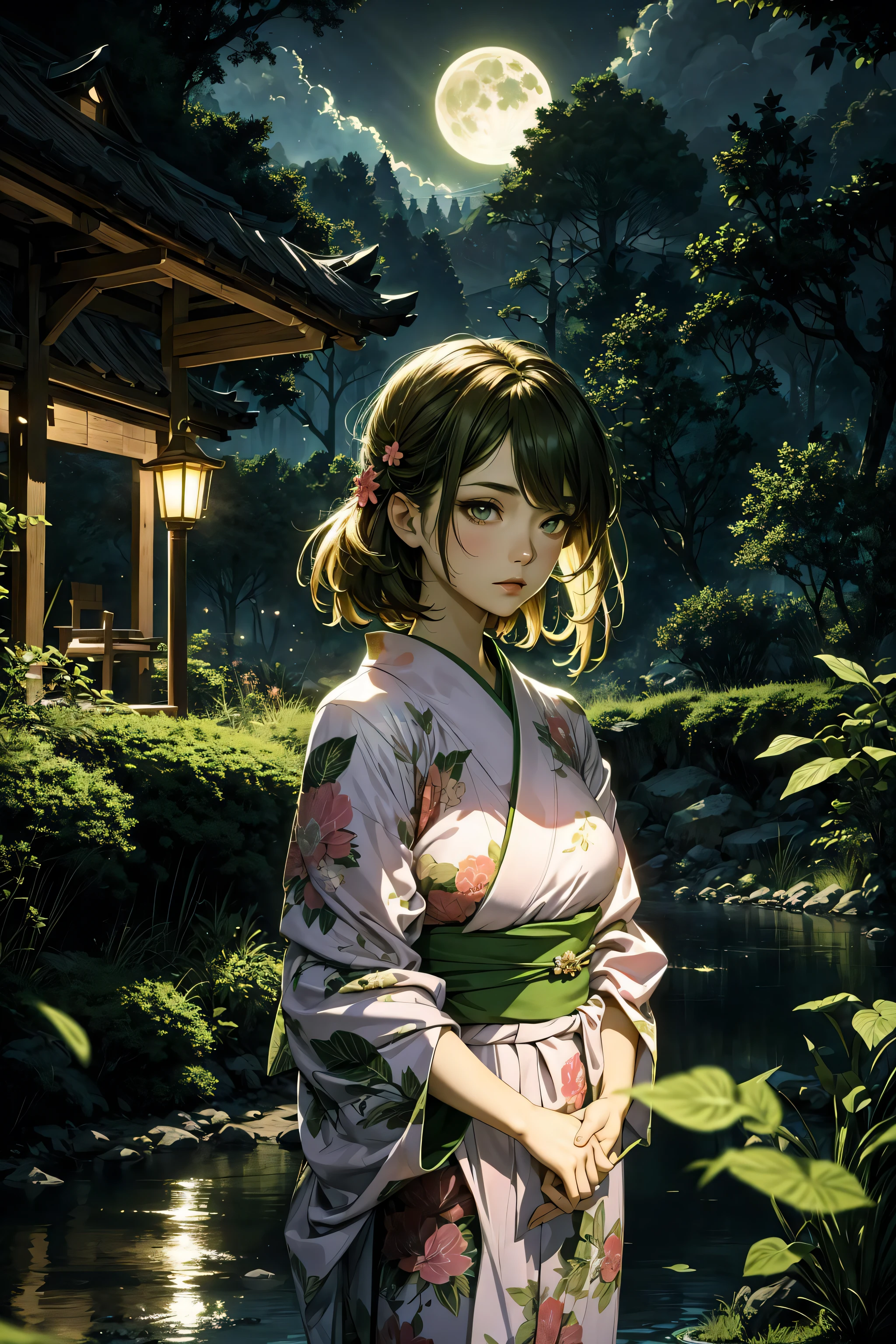 absurdres, (best quality), (masterpiece),(ultra-detailed:1.2),(photorealistic:1.1),ultra high res,
1girl,brown hair,fantasy,
(luminescence:1.2),particles,
(night:1.2),lake,moon,green light,
traditional Japanese garden,
BREAK
pink yukata,green particles,