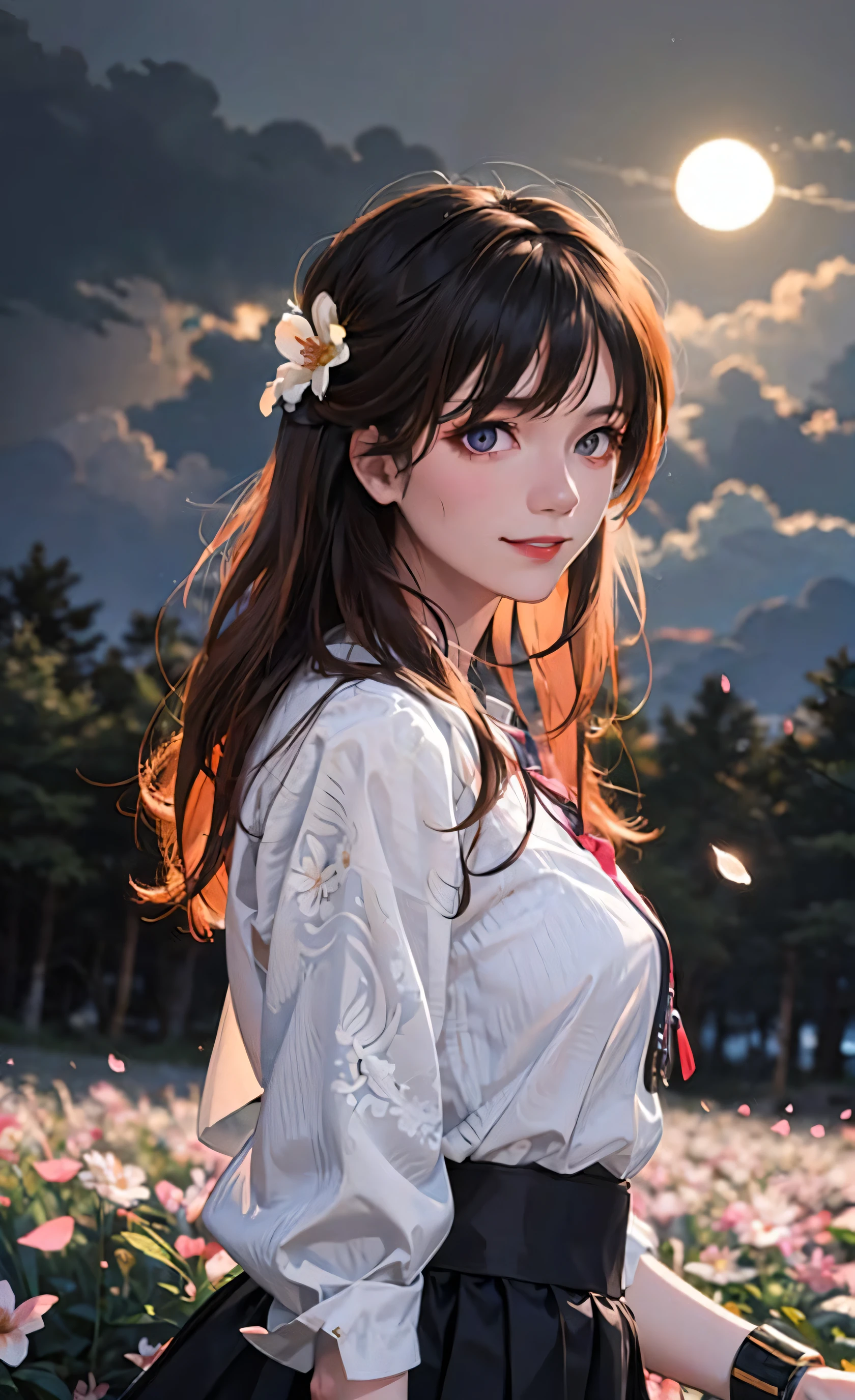 masterpiece, best quality, 1girl, (colorful),(finely detailed beautiful eyes and detailed face),cinematic lighting,bust shot,extremely detailed CG unity 8k wallpaper,white hair,solo,smile,intricate skirt,((flying petal)),(Flowery meadow) sky, cloudy_sky, building, moonlight, moon, night, dark theme, light, fantasy,