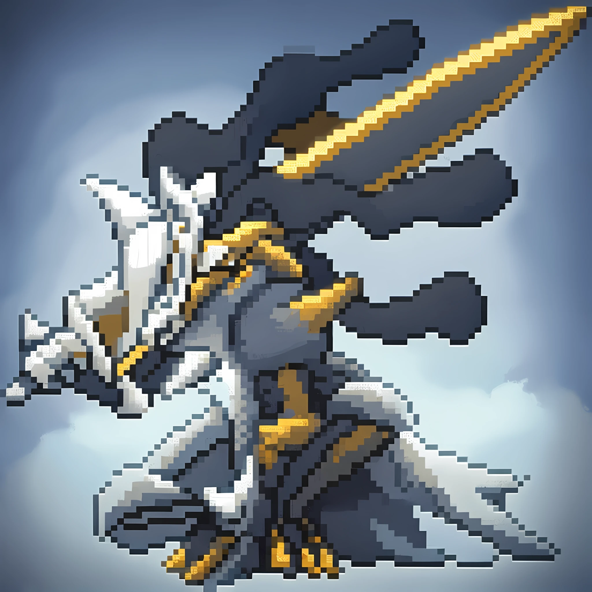 a close up of a pixel style image of a robot with a sword, Renamon, /r/pixelarte |, Giratina, Retrato de Zeraora, Gungnir, Thertrevkaiser, sprite de videogame, Estilo Varguyart, Arte do pixel Kirokaze, Angewomon, Digimon, por Kanbun Master