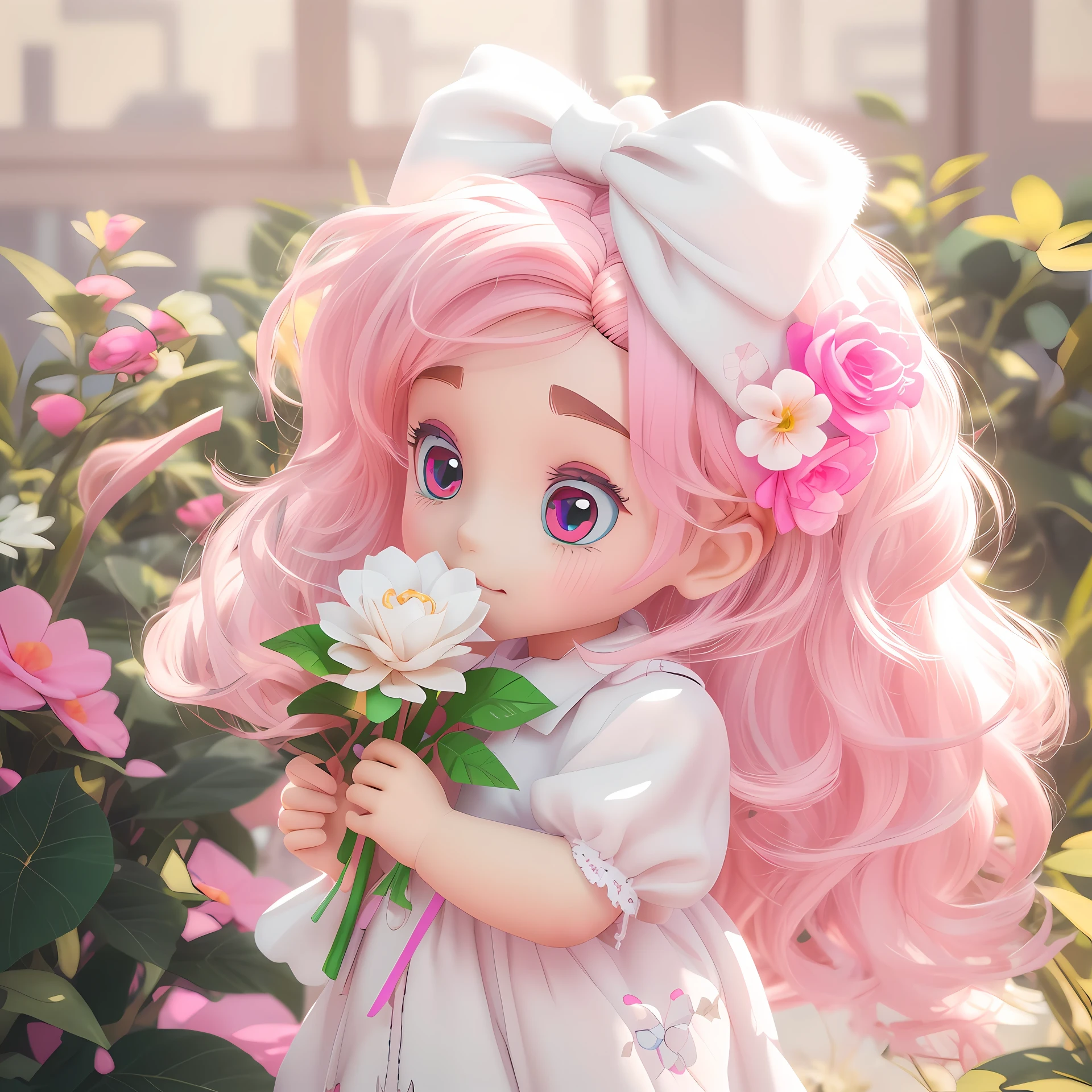 There is a doll with pink hair,Holding a flower in his hand, cute digital painting, cute detailed digital art, Soft anime illustration, adorable digital art, guviz style artwork, Kawaii realistic portrait, 🌺 CGSesociety, render of a cute 3d anime girl, trending on cgstation, cute art style, cute 3 d render, Stylized anime