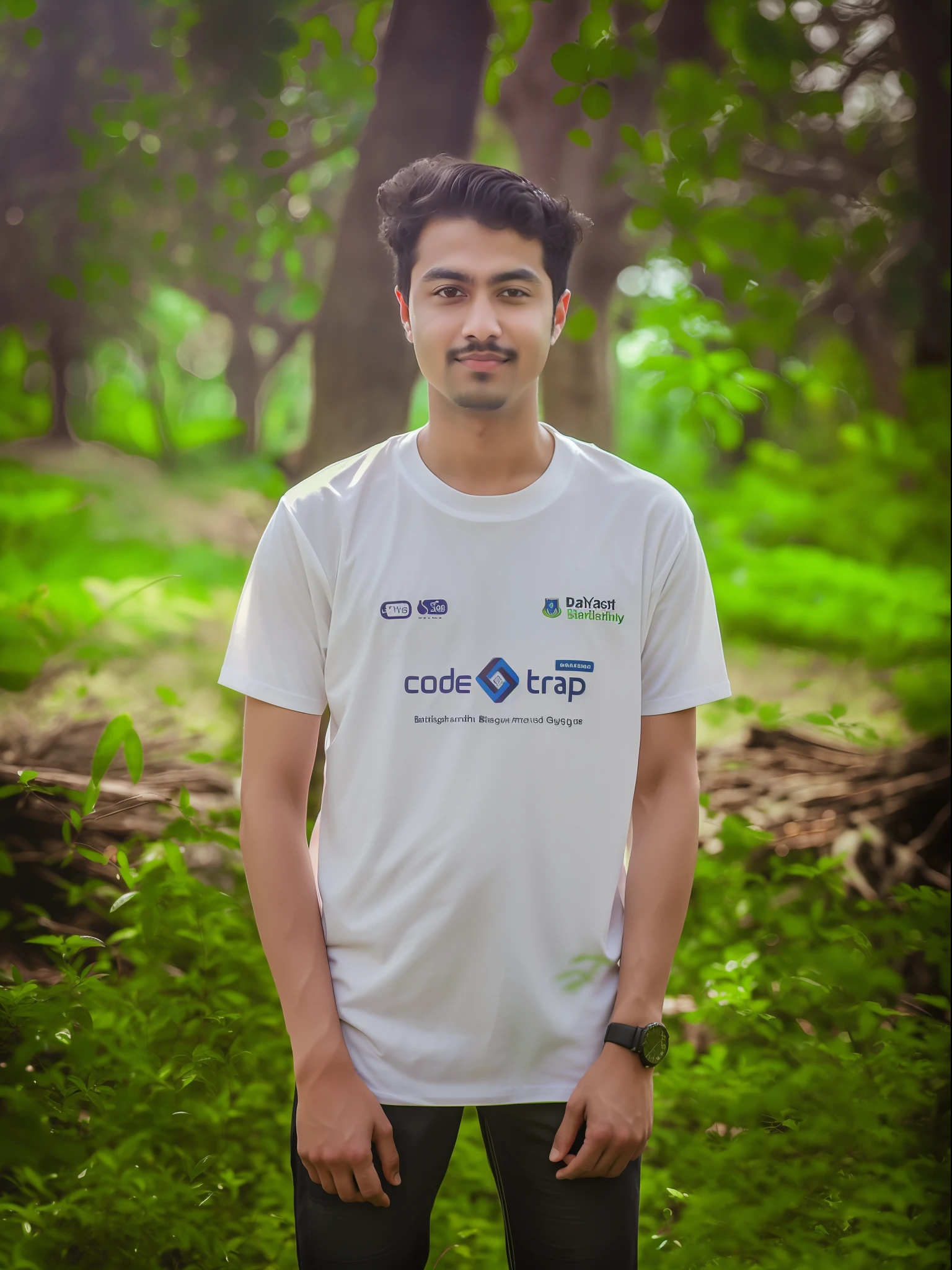 arafed man in a white shirt standing in a forest, mid shot portrait, front portrait, inspired by Bikash Bhattacharjee, mohamed chahin, medium portrait, in front of a forest background, closeup portrait shot, full portrait, riyahd cassiem, emad mostaque, official product photo, tshirt, in tshirt, front profile shot