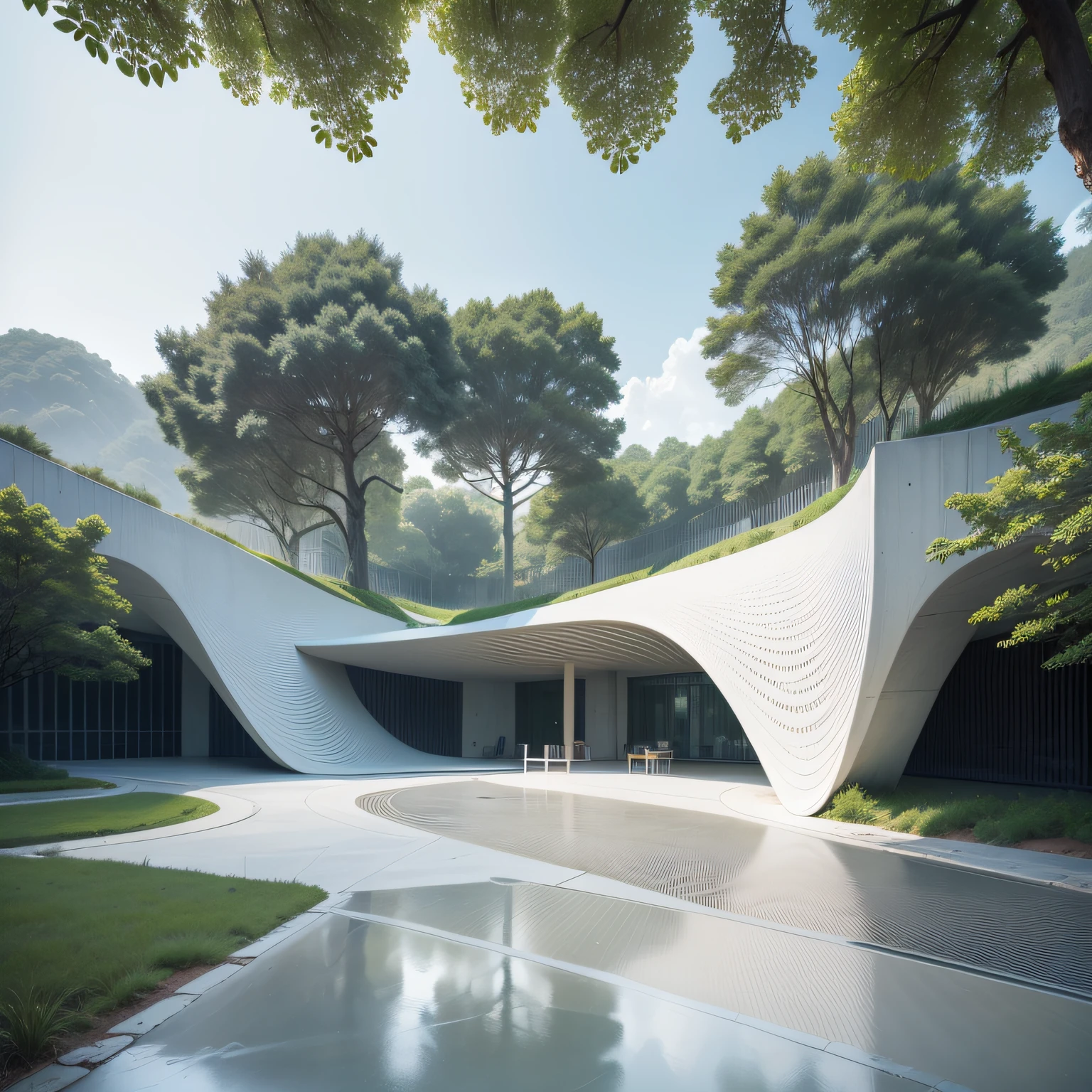 Um museu modeno, futuristic white concrete, com muito vidro nas fachadas, no maior da floresta, por Tadao Ando, organic form — ar 16: hiperealismo